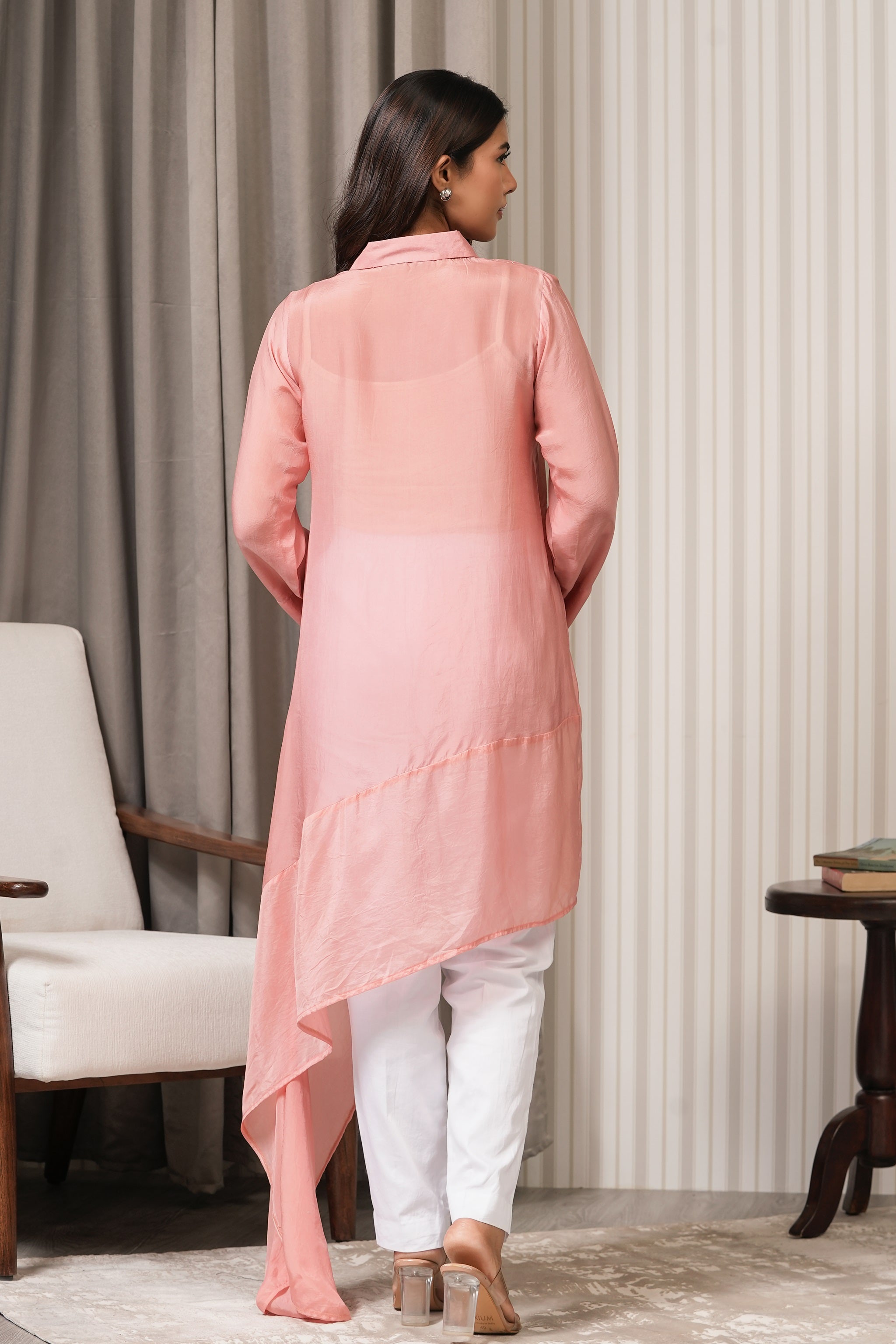 Embroidered Fine Habutai Silk Shirt Top - Onion Pink