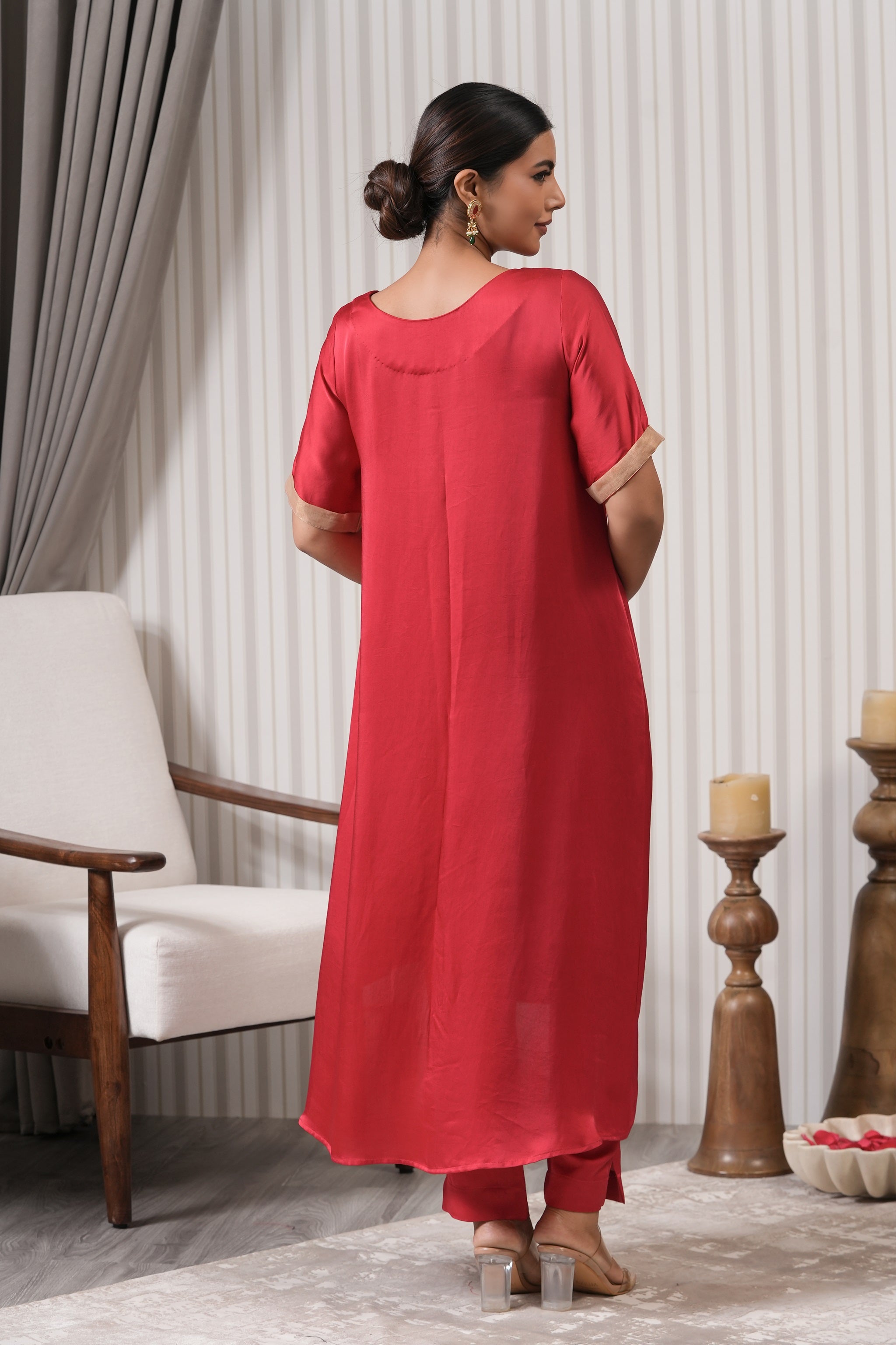 Embroidered Silk Asymmetric Kurta Set - Red Pink