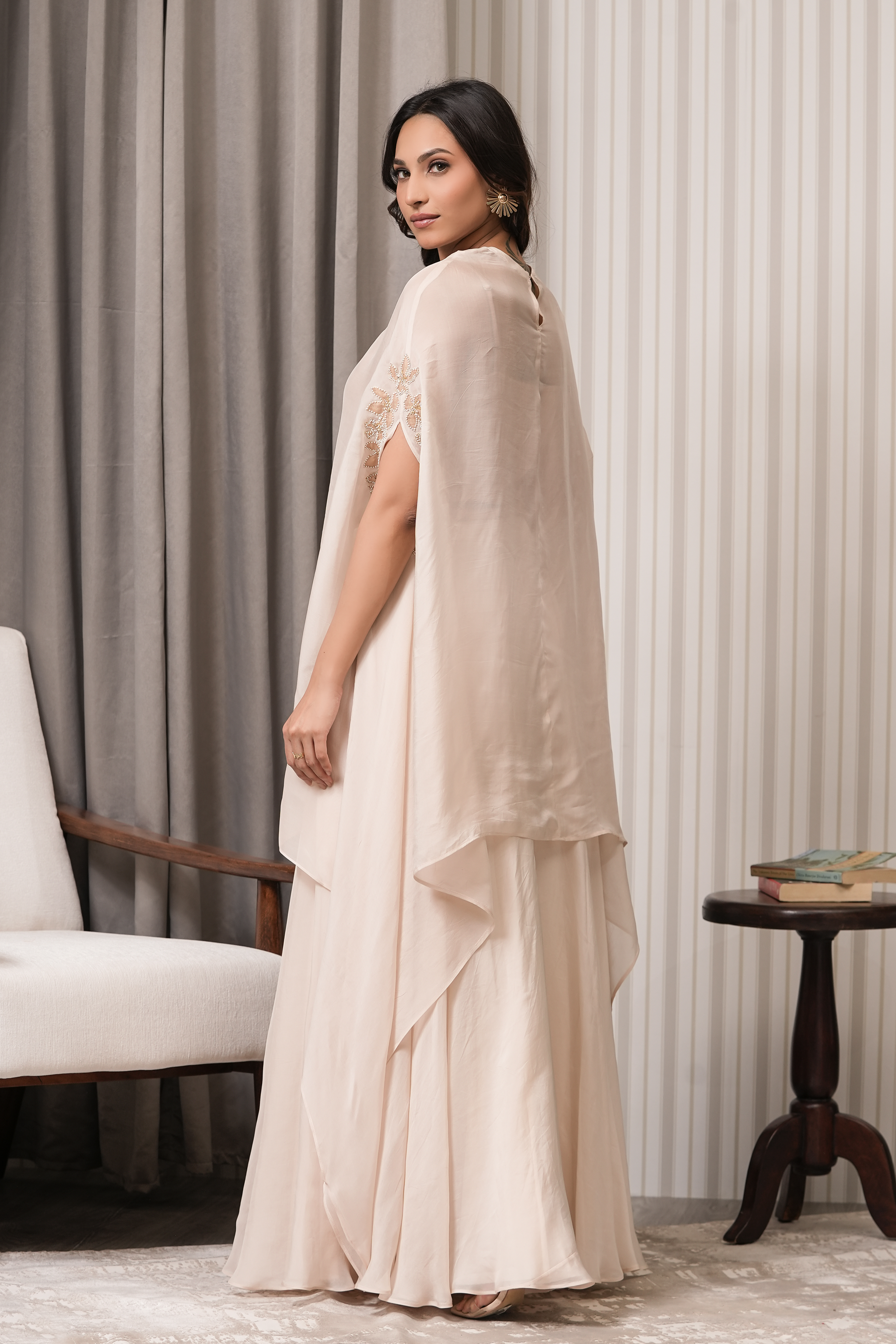 Embroidered Viscose Organza Lehenga Co-ord Set - Beige