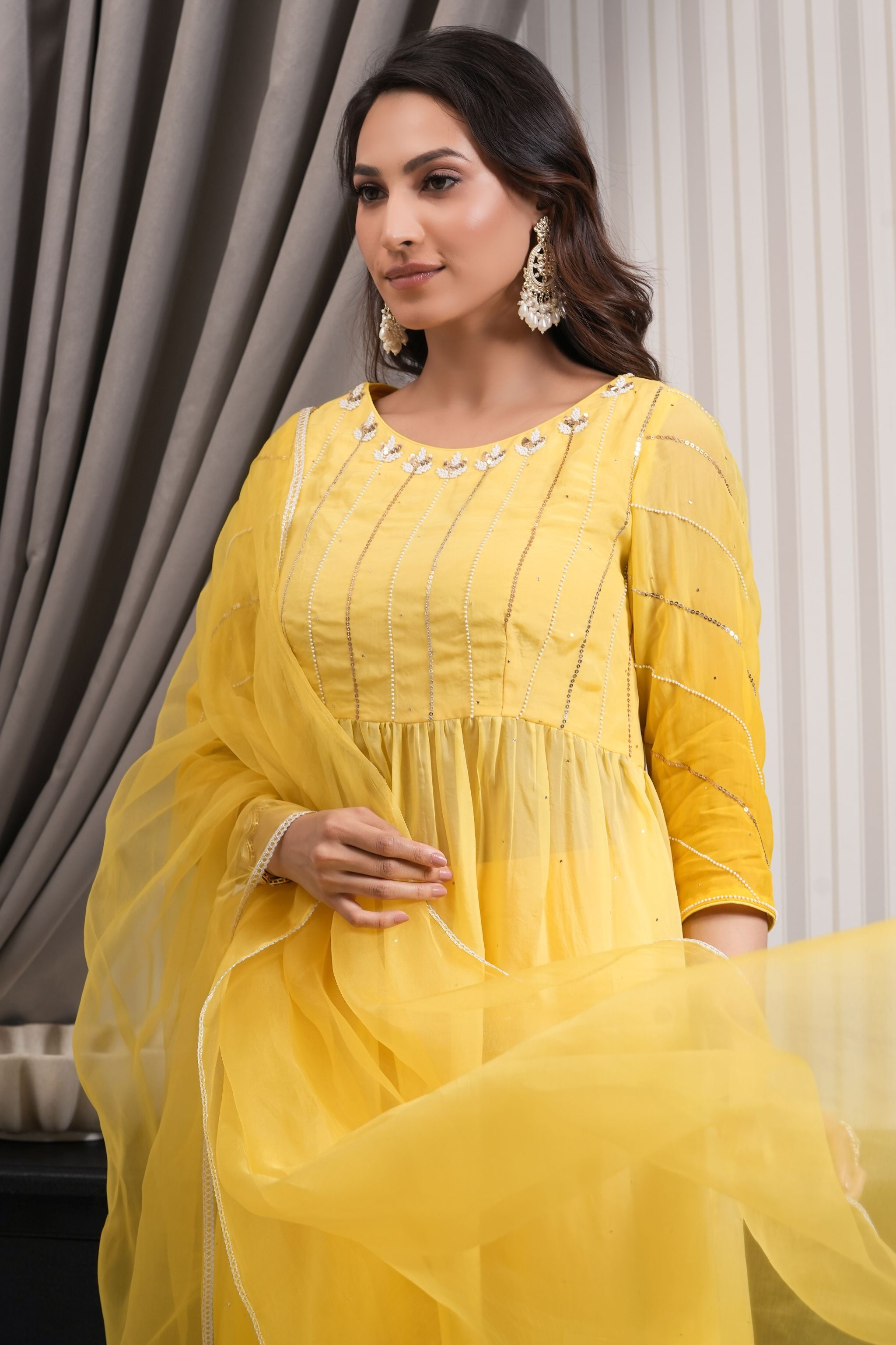 Handcrafted High Slit Suit Set - Yellow