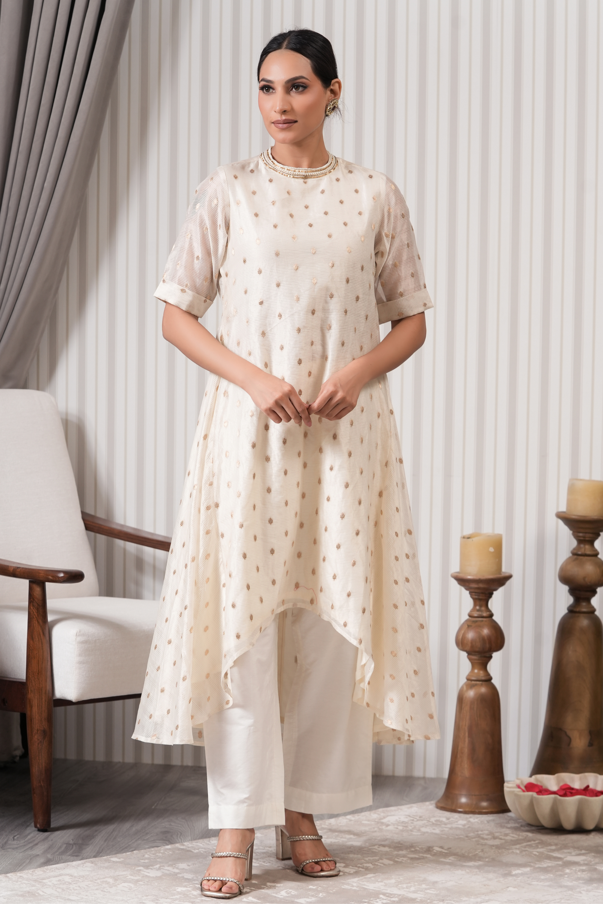 Embroidered Pure Chanderi Booti Asymmetric Kurta Set - Off White