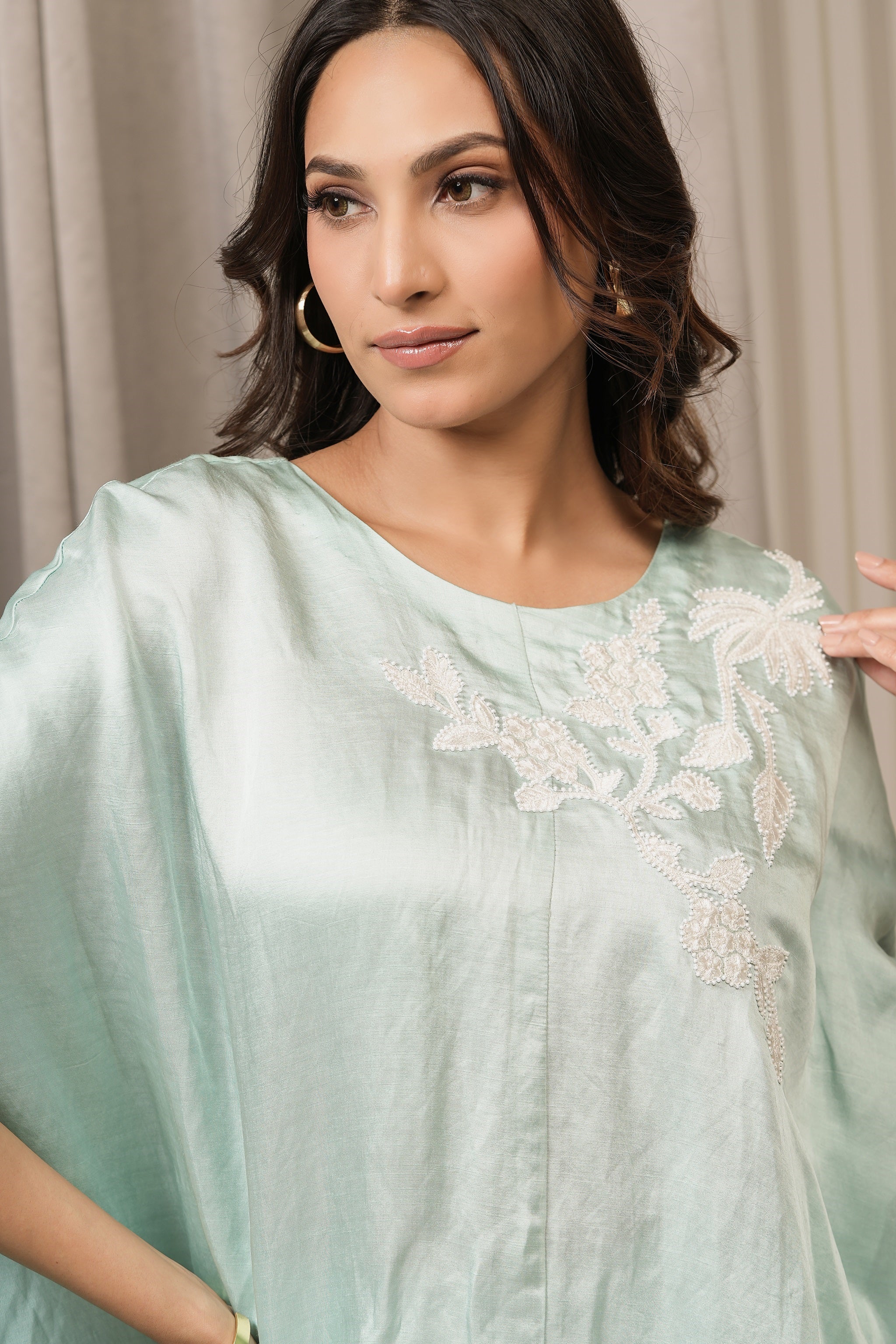 Embroidered Linen Satin Top - Sea Green