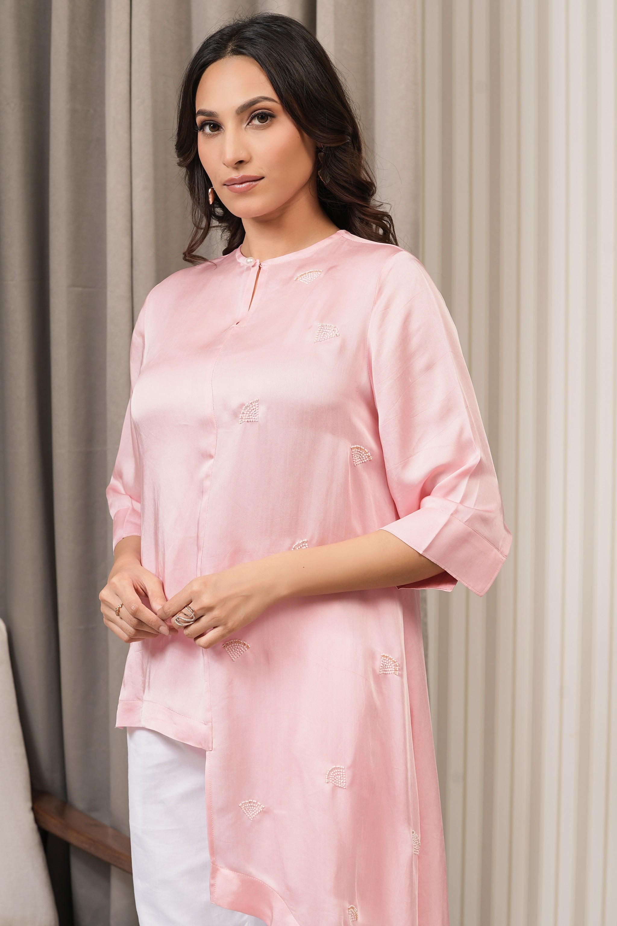 Embroidered Linen Satin Shirt Top - Pink