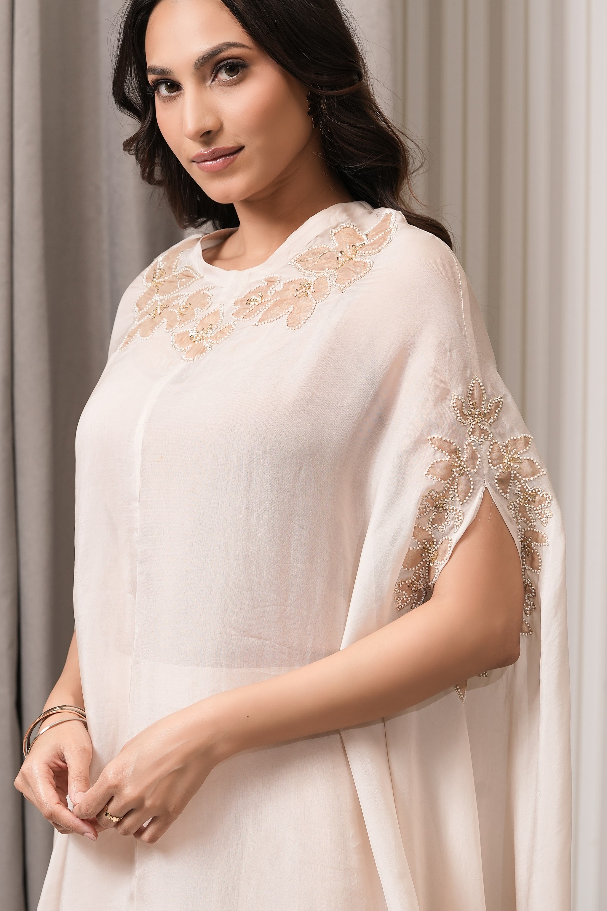 Embroidered Viscose Organza Lehenga Co-ord Set - Beige