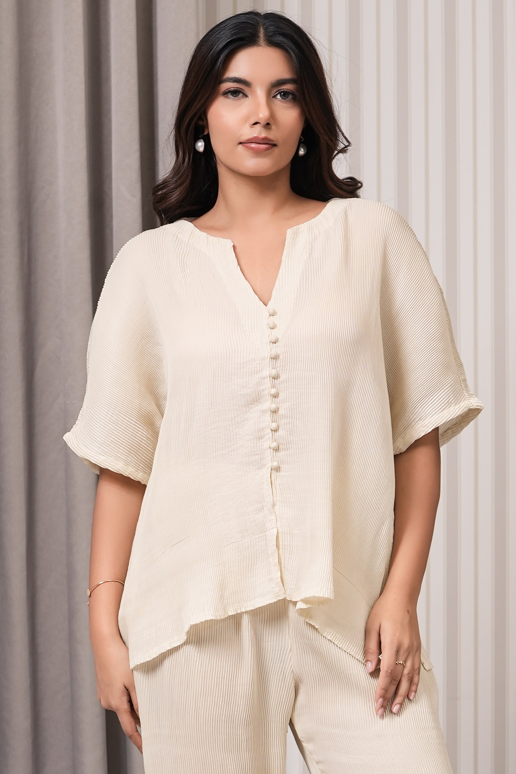 Pleated Silk Co-ord Set - Off White