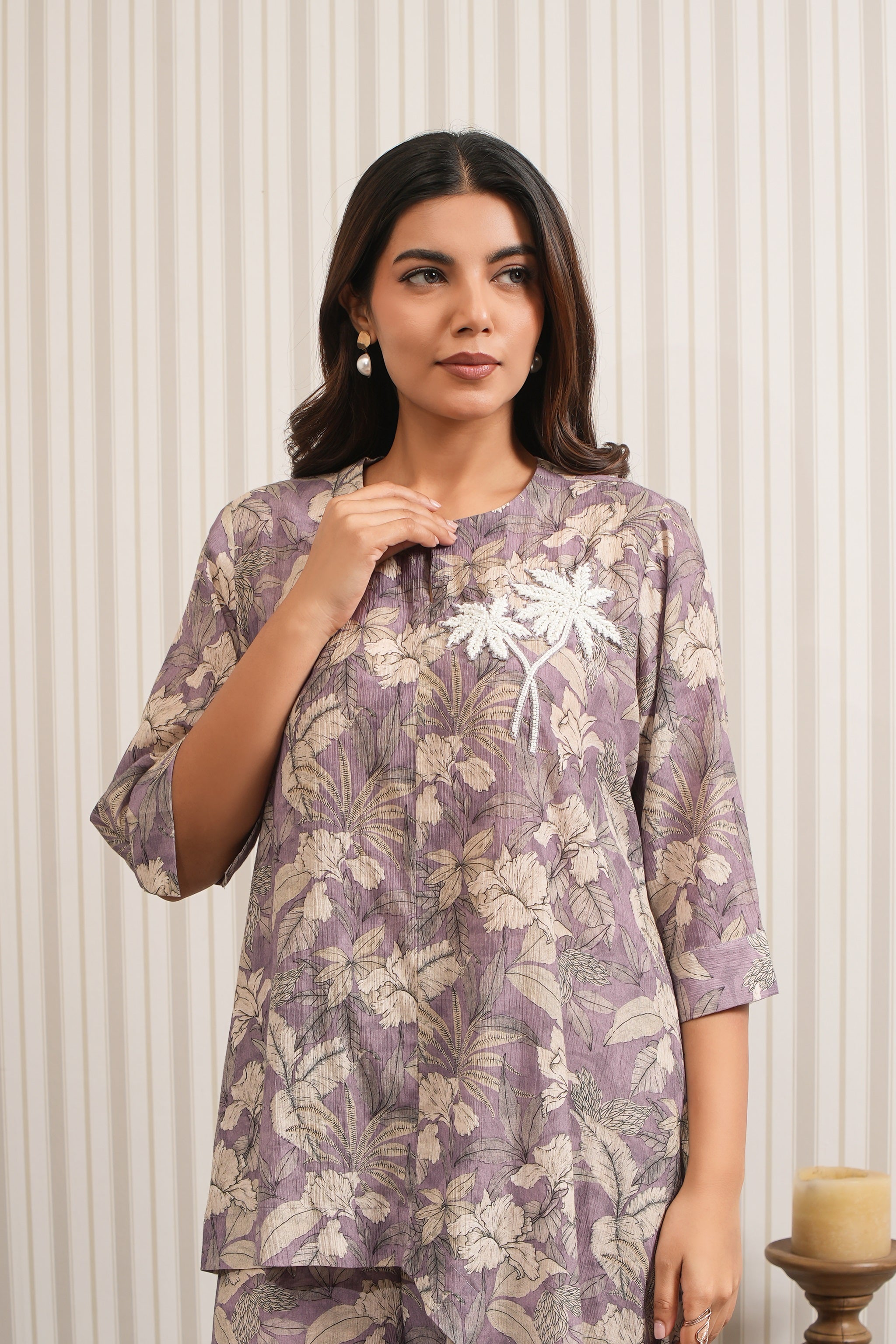 Printed Floral Chiffon Co-ord Set - Purple