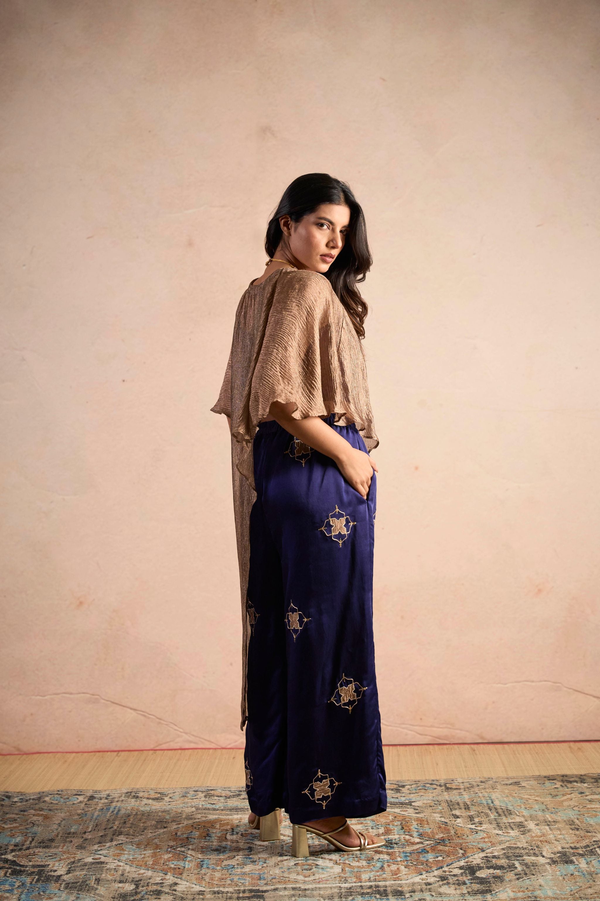 Metallic Top & Embellished Navy Pants