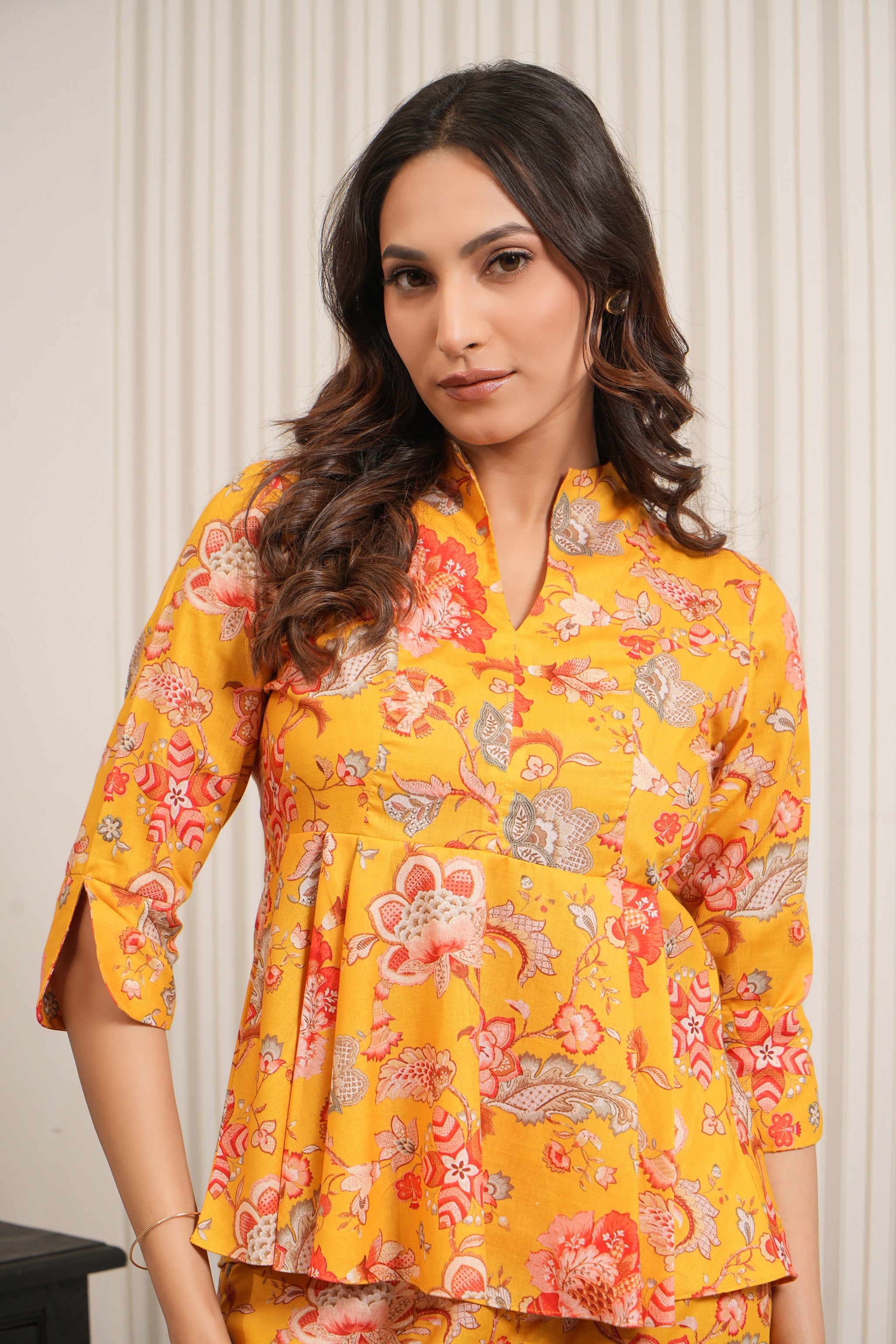 Printed Floral Silk Chanderi Co-ord Set - Yellow