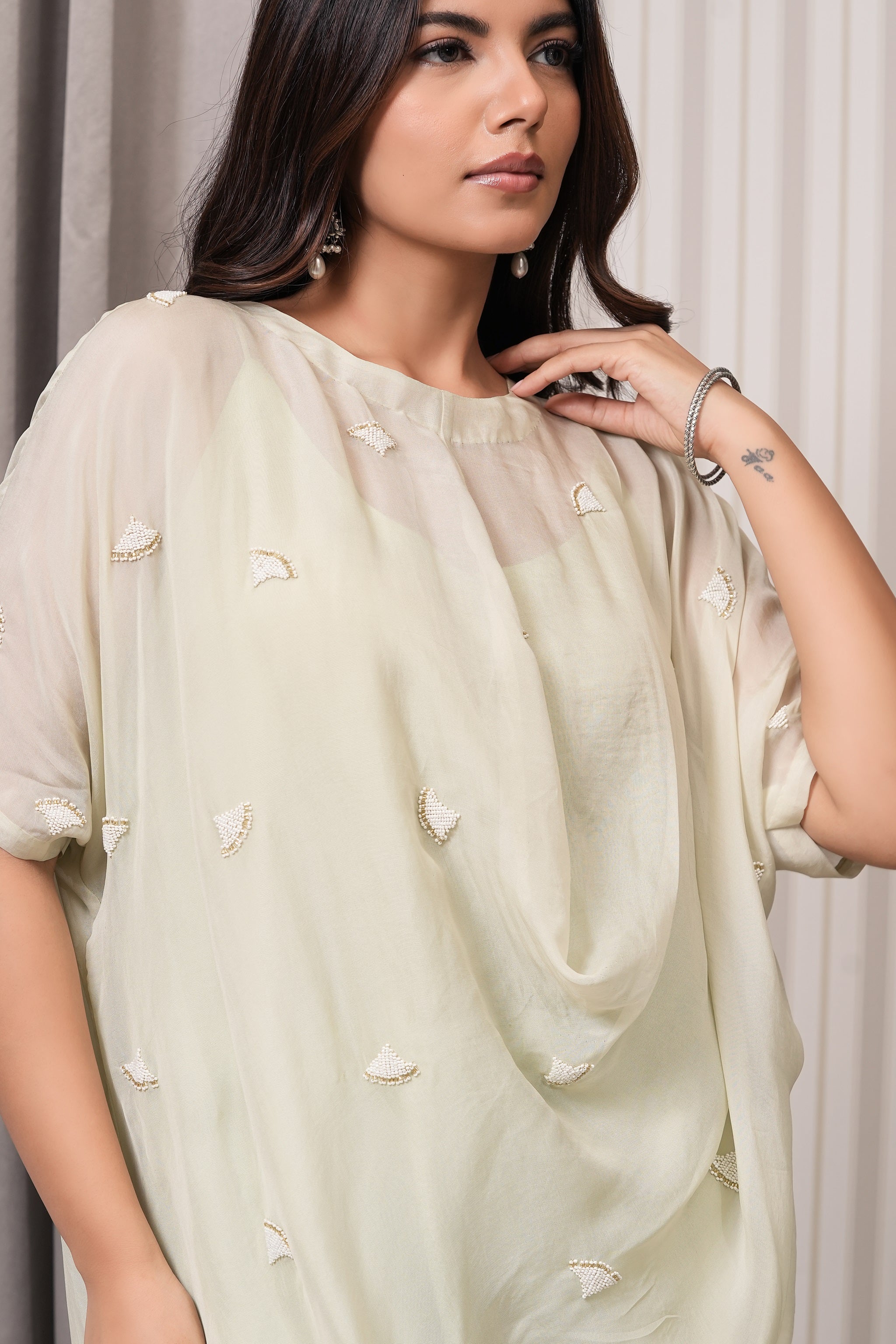 Embroidered Viscose Organza Kurta - Sea Green