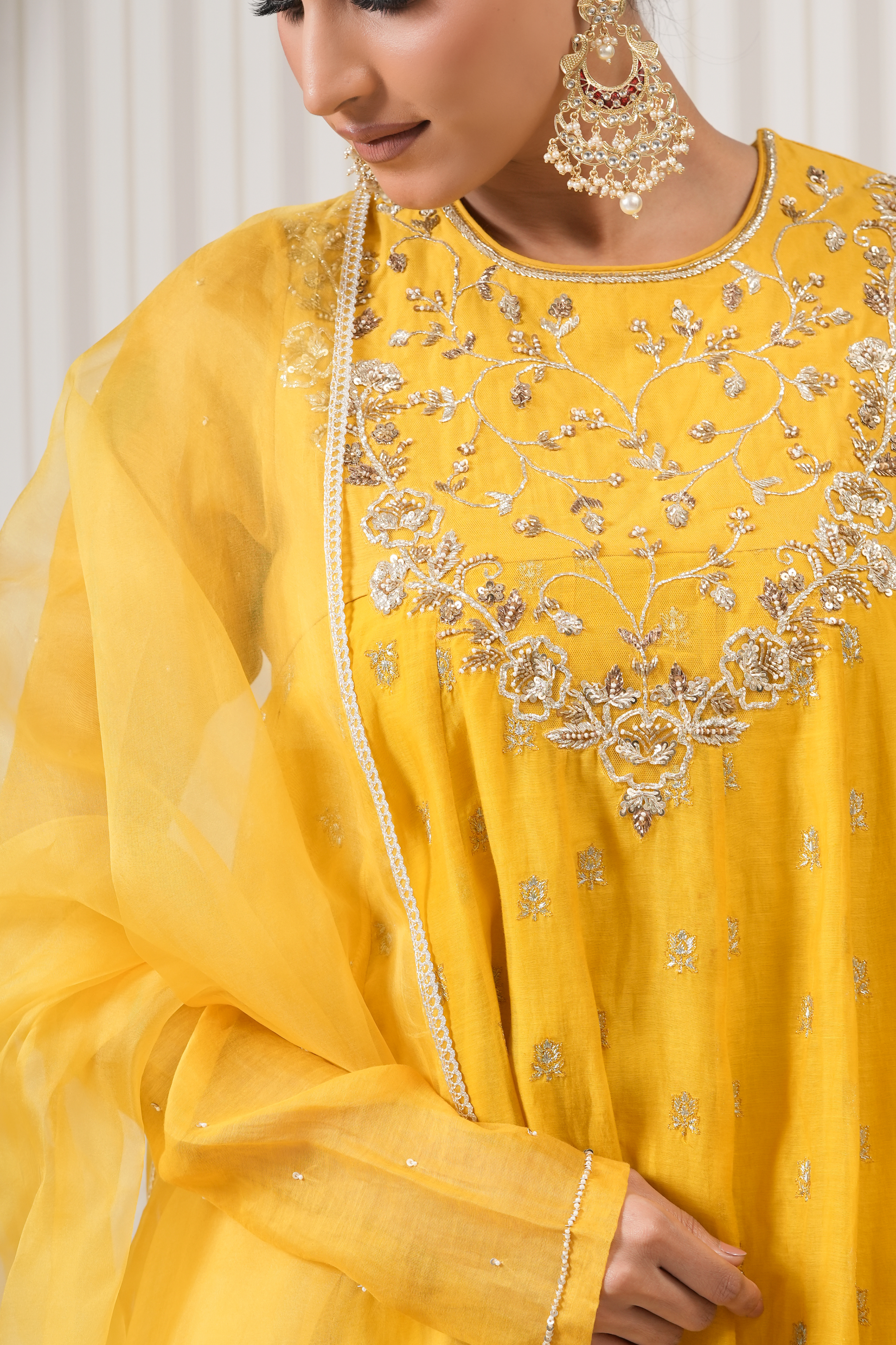 Handcrafted Pure Chanderi Anarkali Suit Set - Yellow
