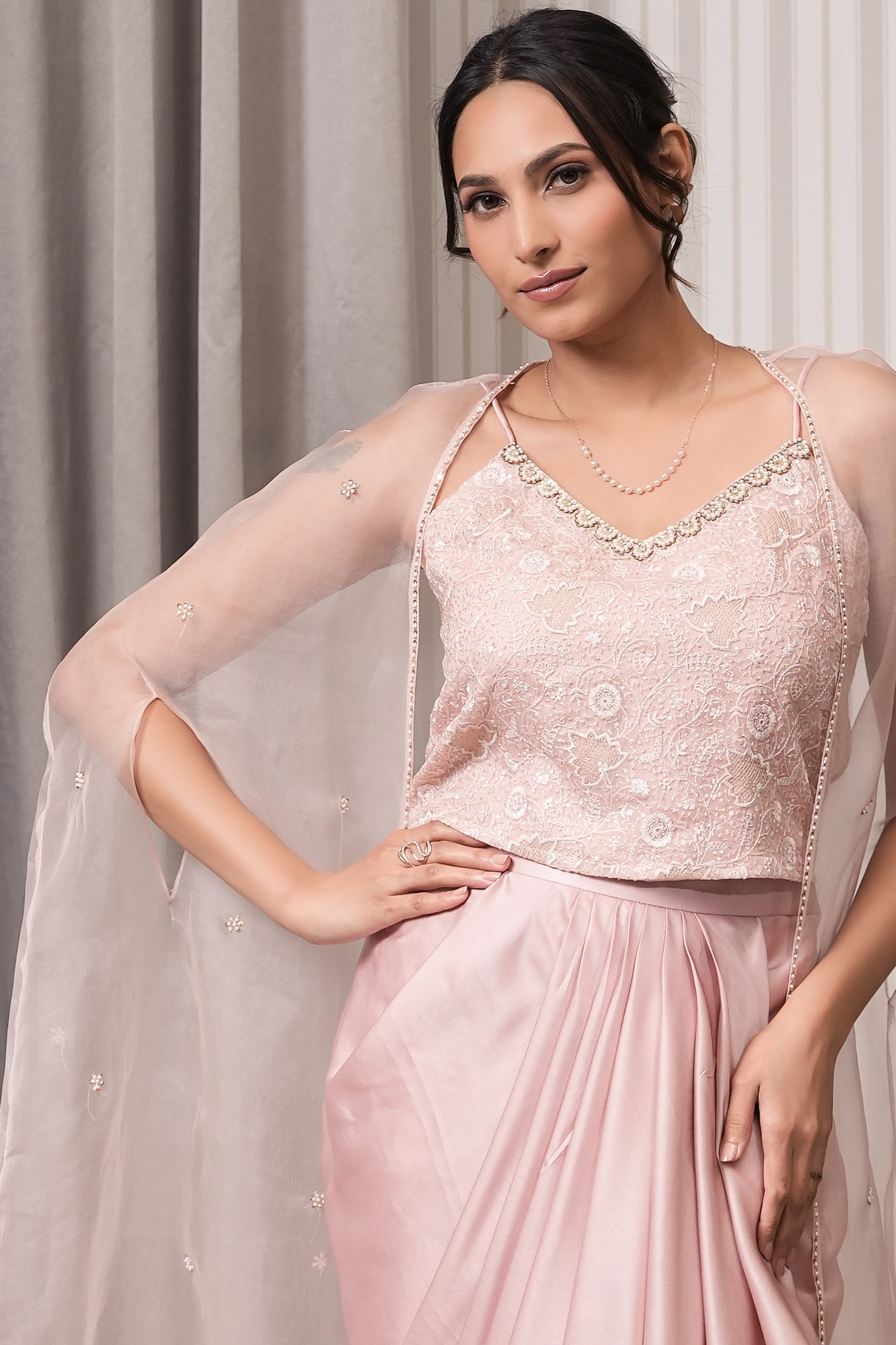 Embroidered Pure Tissue Drape Skirt Co-ord Set - Peach