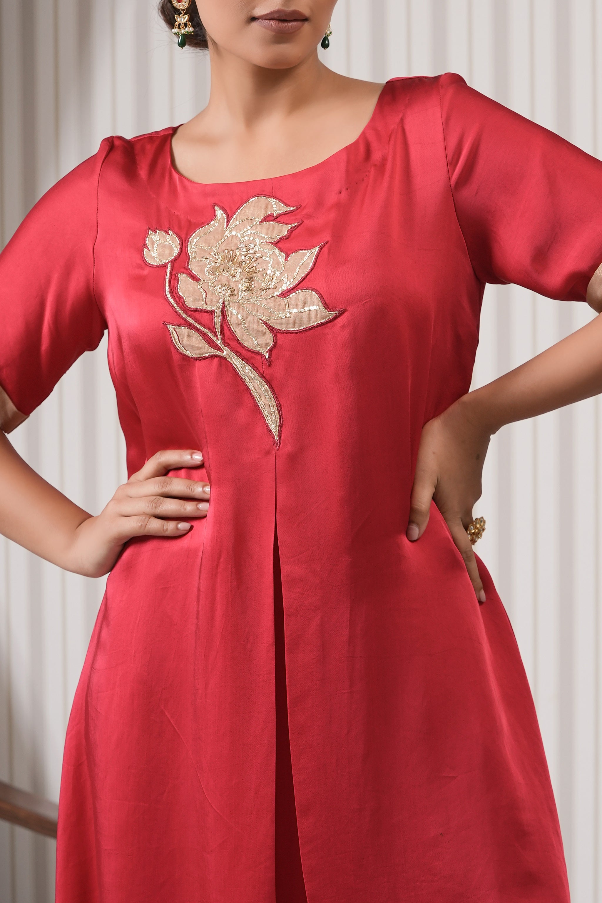 Embroidered Silk Asymmetric Kurta Set - Red Pink