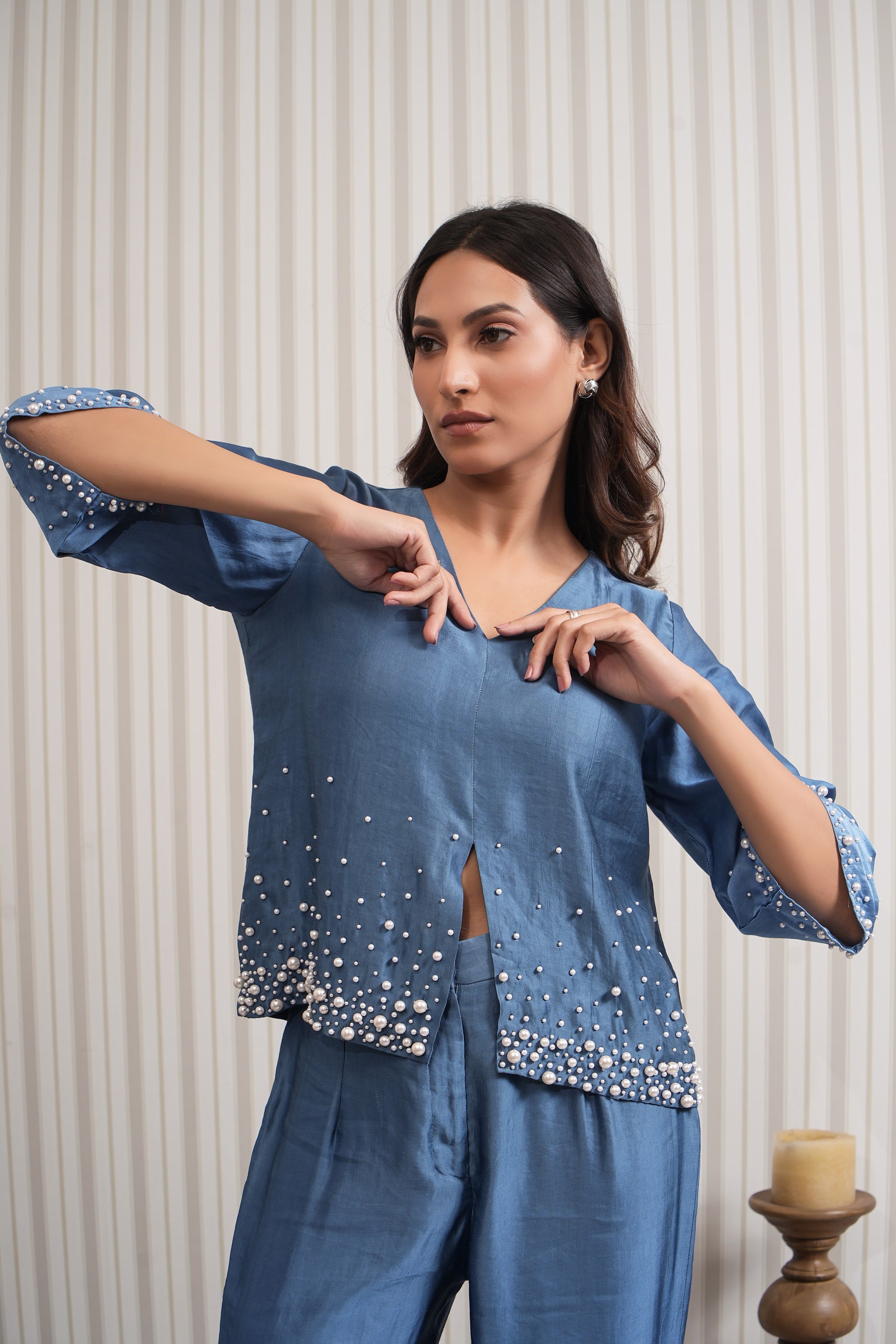 Embroidered Pearl Linen Satin Co-ord Set - Blue
