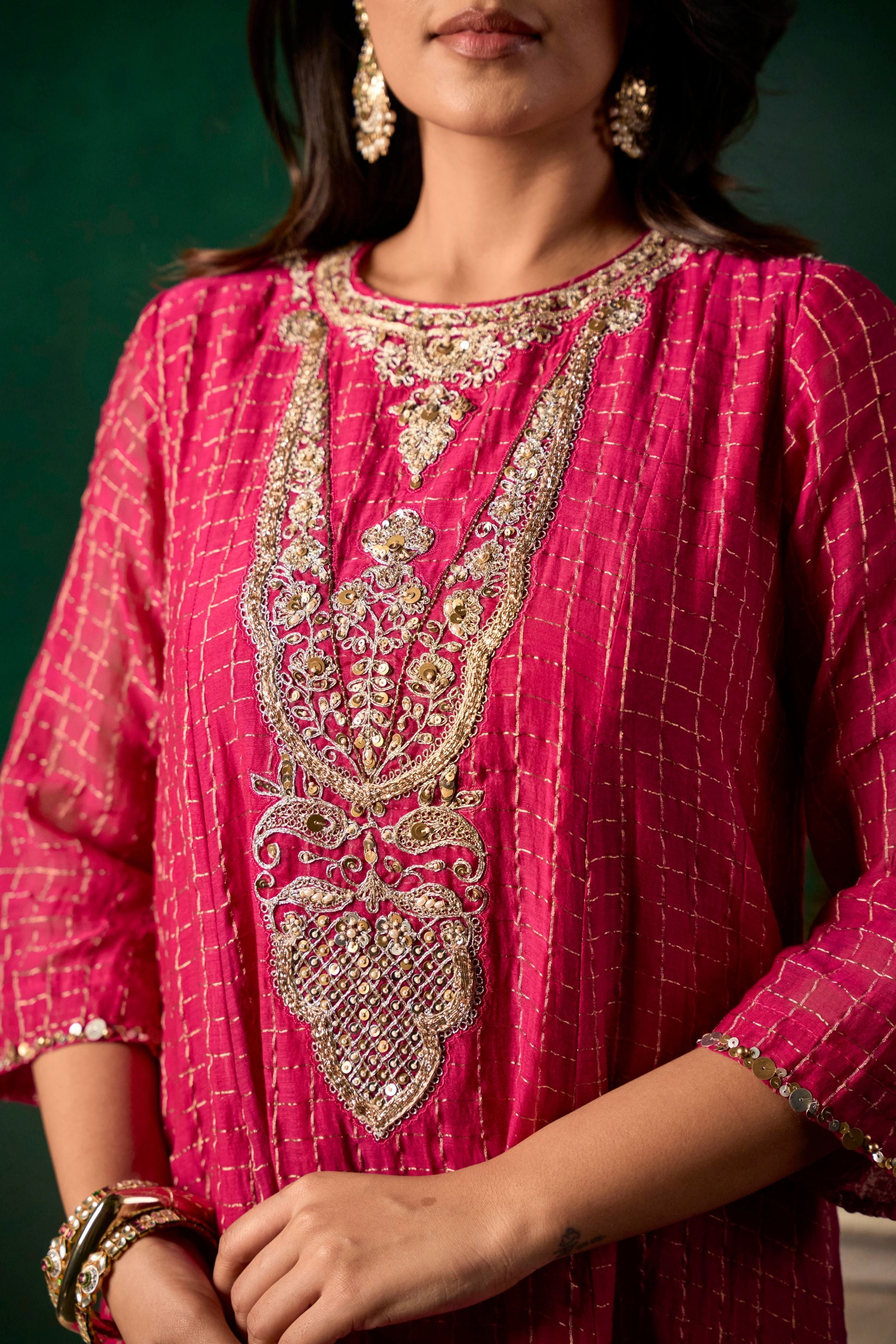 Embroidered Checkered Print Dress