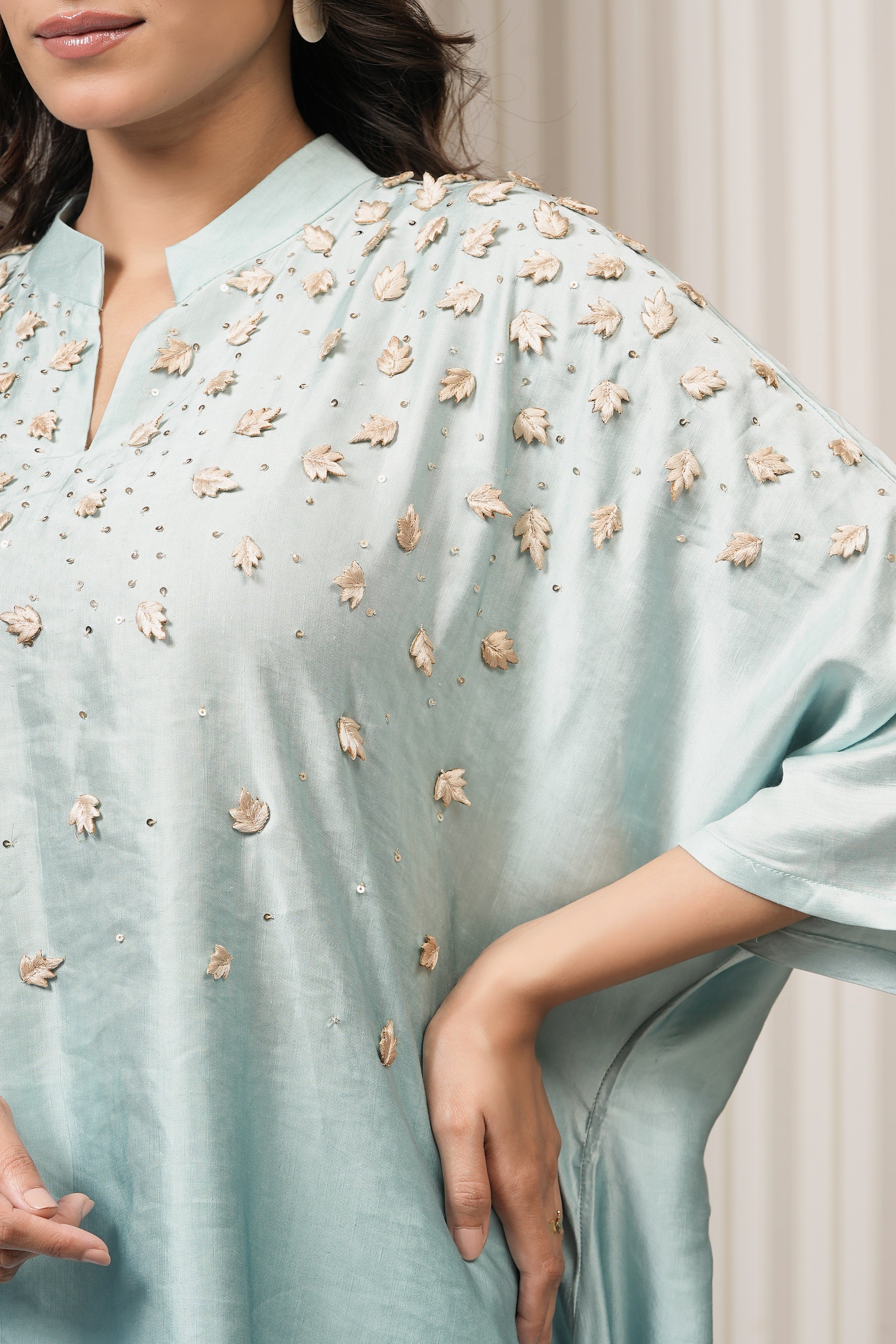 Embroidered Linen Satin Top - Aqua