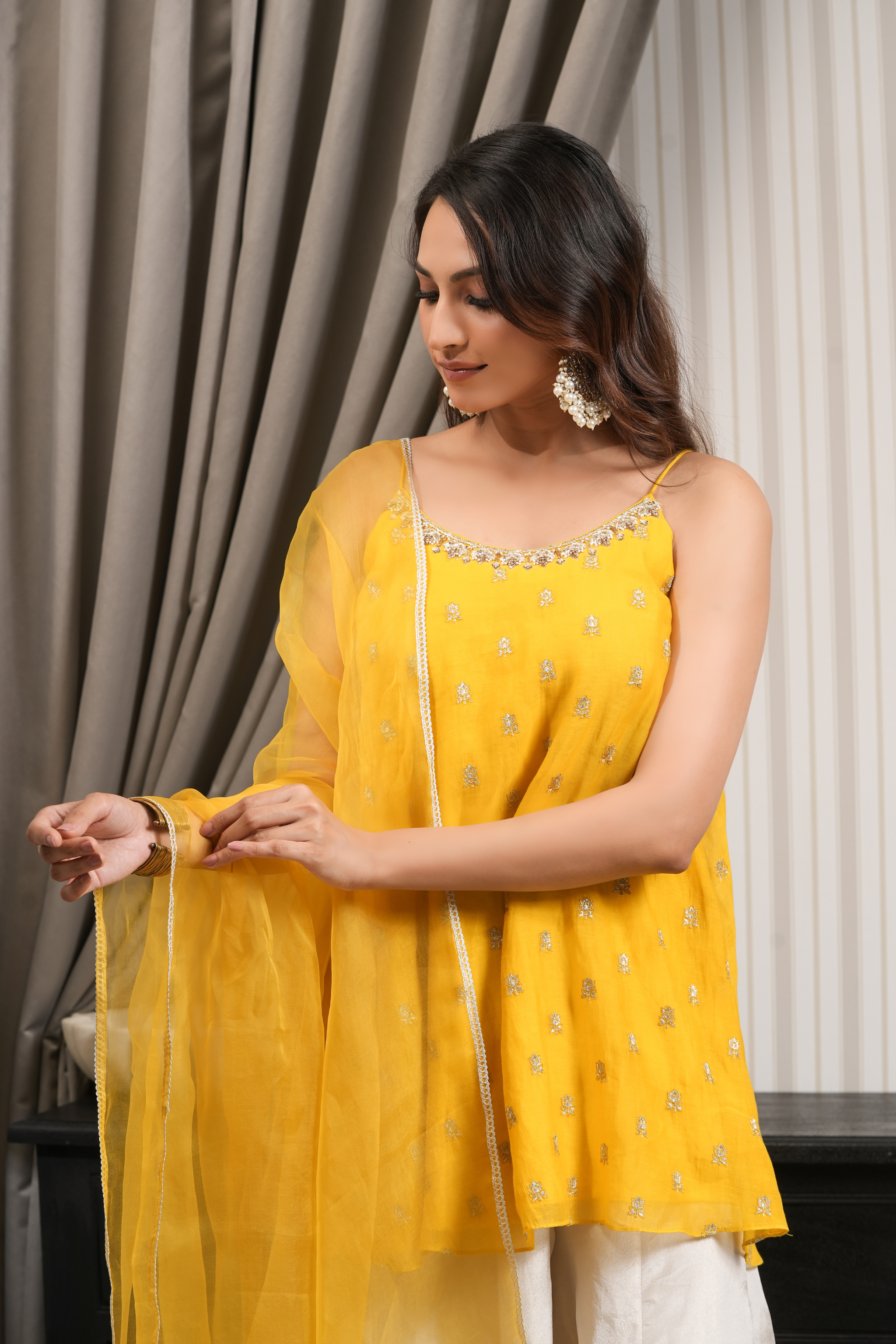 Pure Chanderi Short Kurti Sharara Set - Yellow