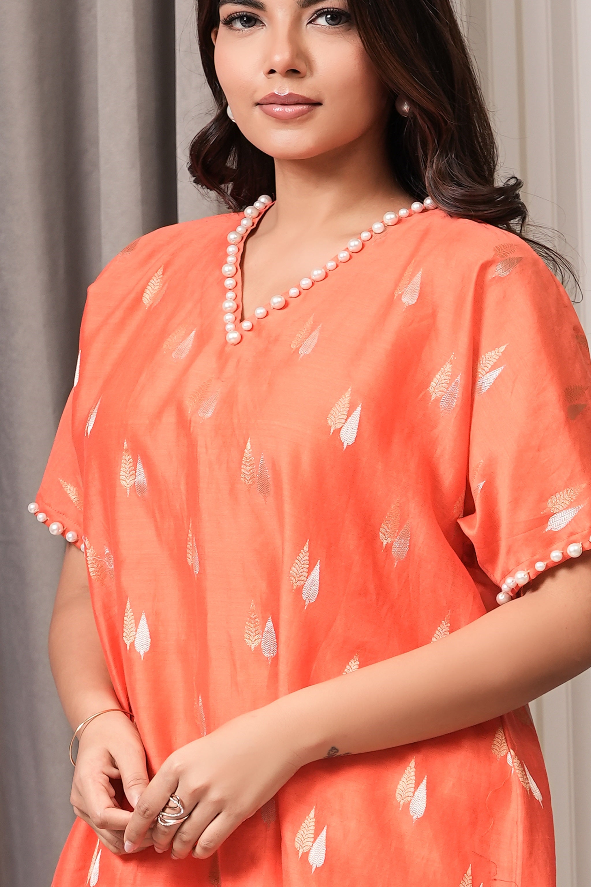 Pearl Embroidered Pure Chanderi Kurta Set - Orange