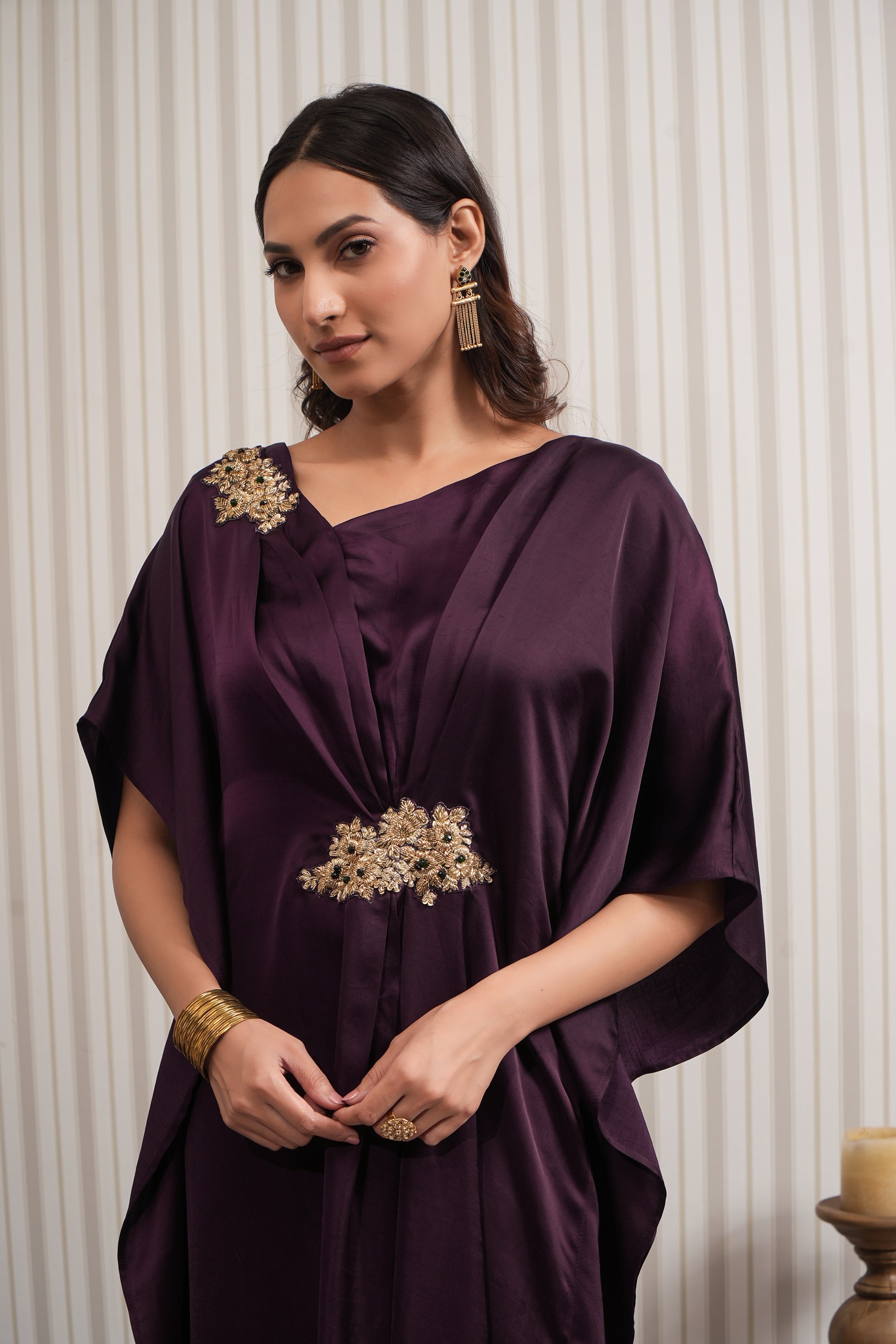 Embroidered Slub Satin Kaftan - Wine