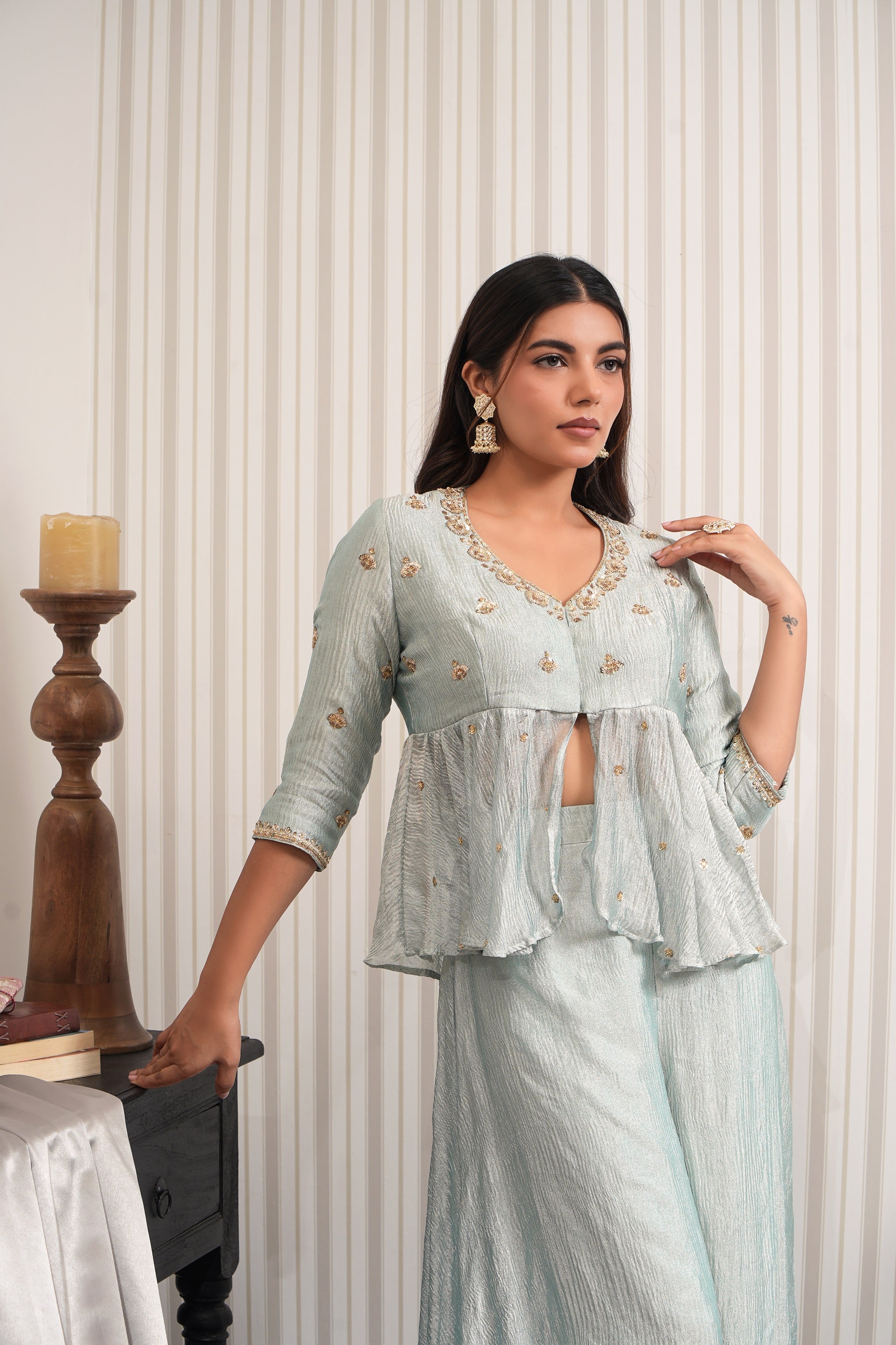 Handcrafted Pure Crushed Tissue Short Kurta Sharara Set - Mint