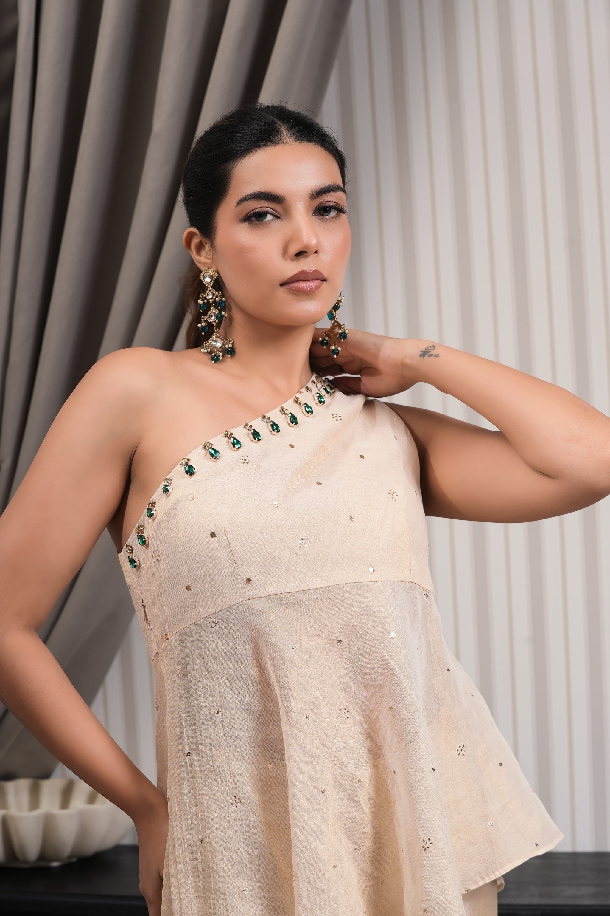 Stone Embroidered Chanderi Mukesh One Shoulder Kurta Set - Golden