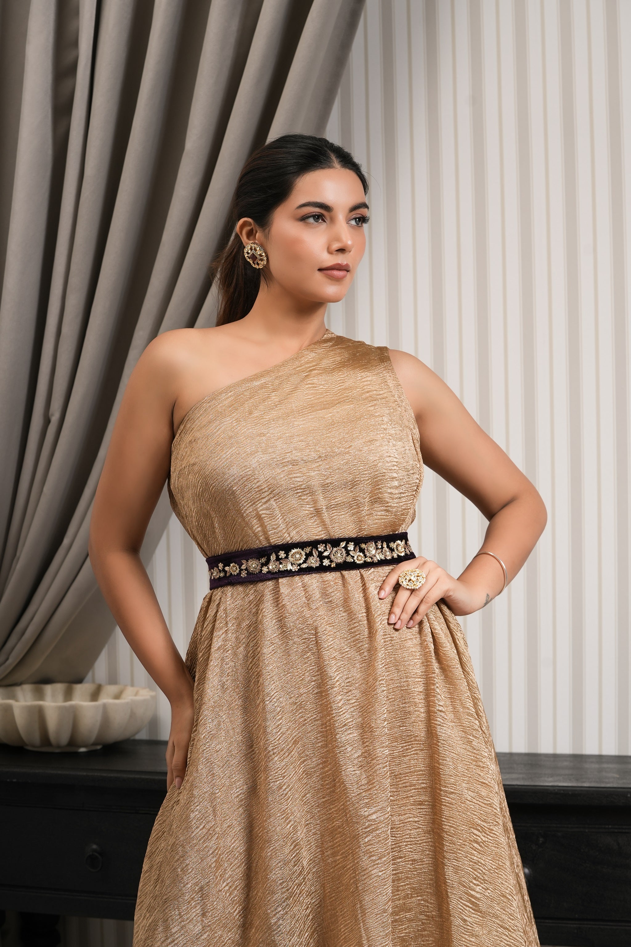 One Shoulder Asymmetrical Crushed Tissue Kurta Set- Copper