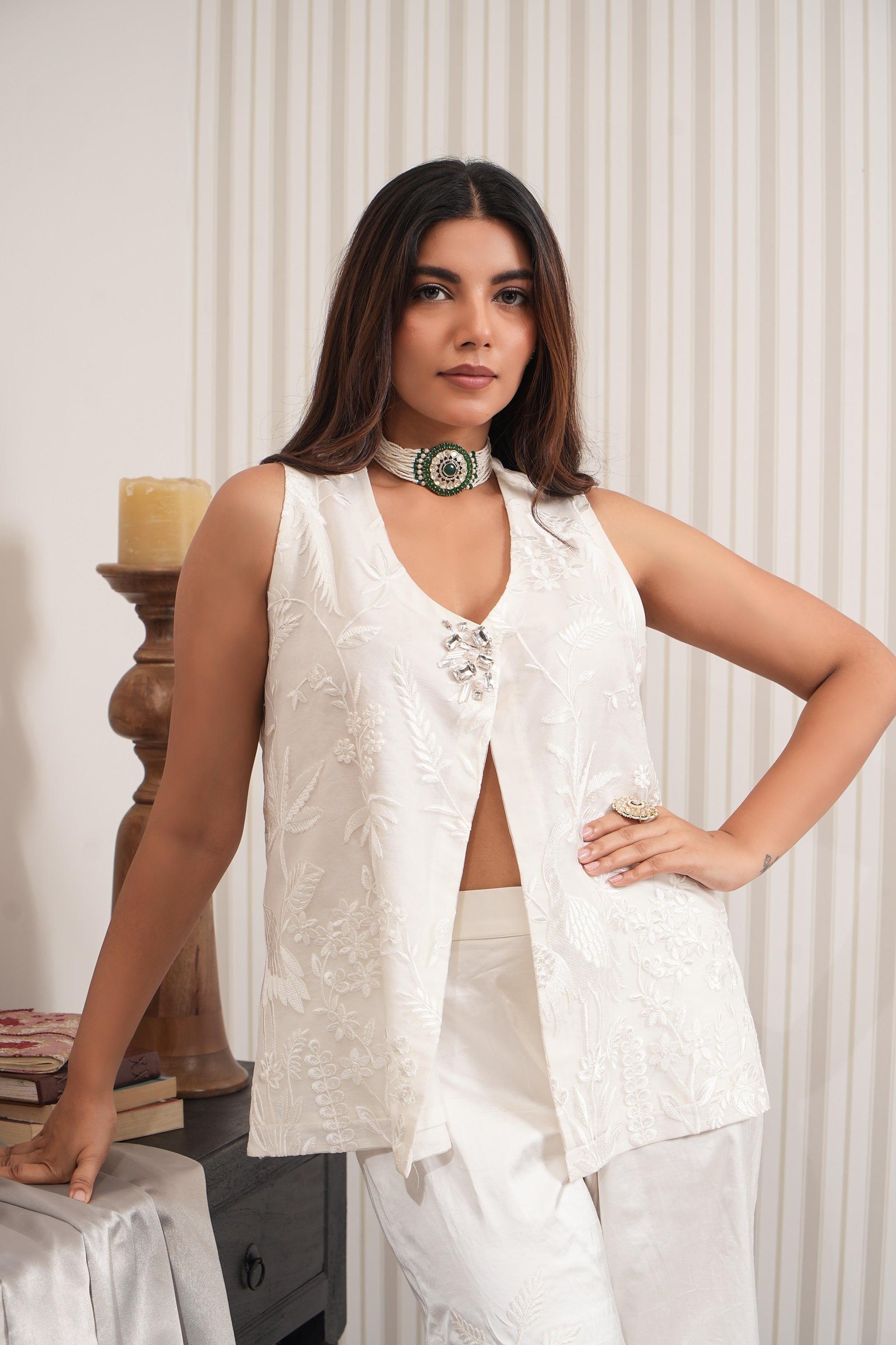 Embroidered Pure Tissue Co-ord Set - White