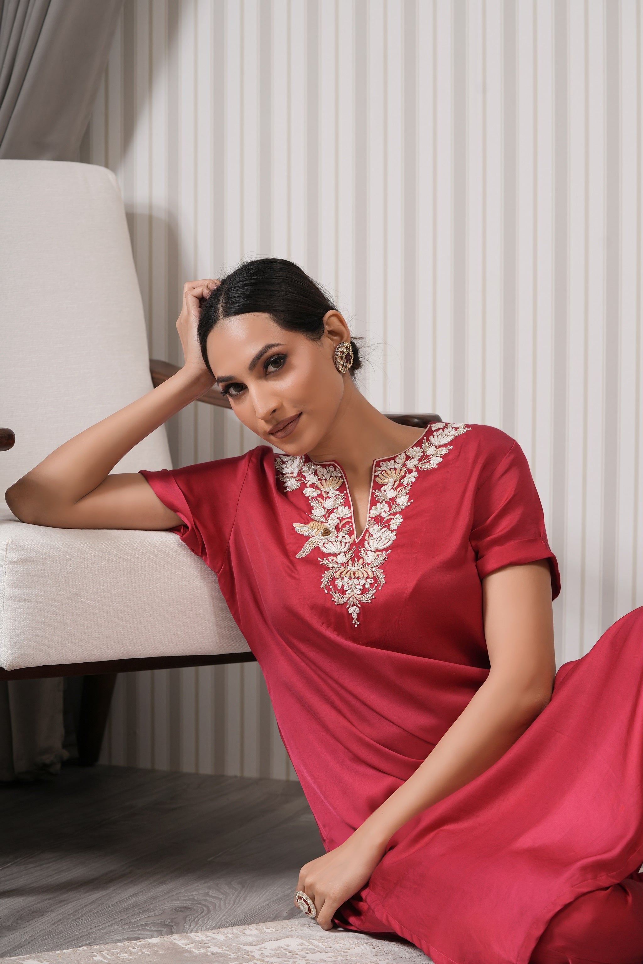 Embroidered Silk Straight Kurta Set - Red Pink