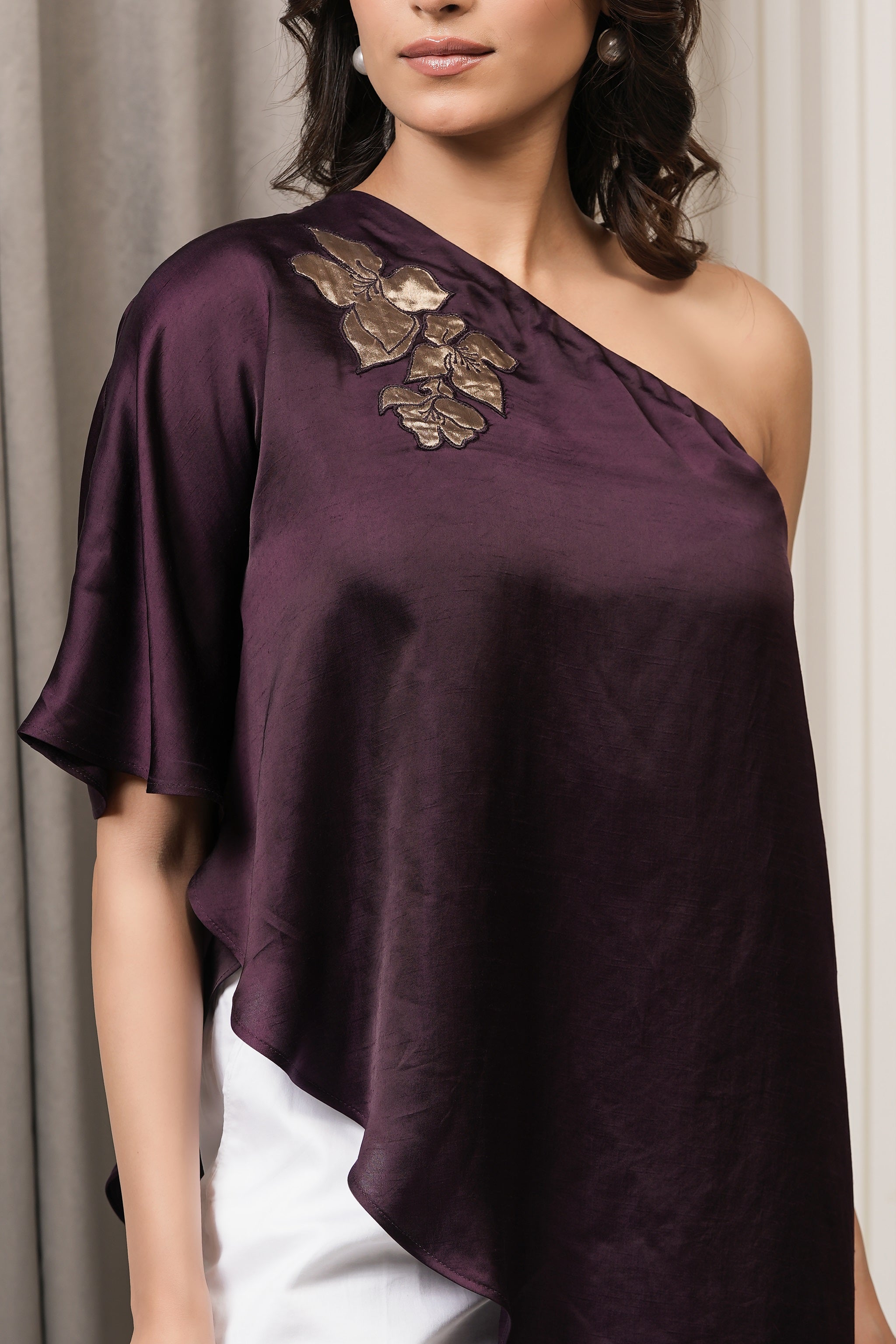 Embroidered Slub Satin One Shoulder Top - Wine