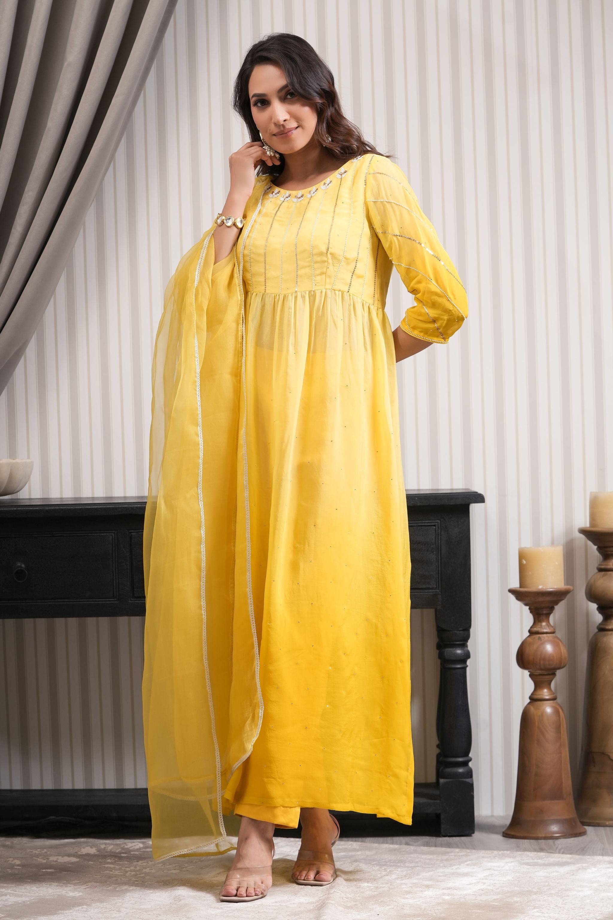 Handcrafted High Slit Suit Set - Yellow