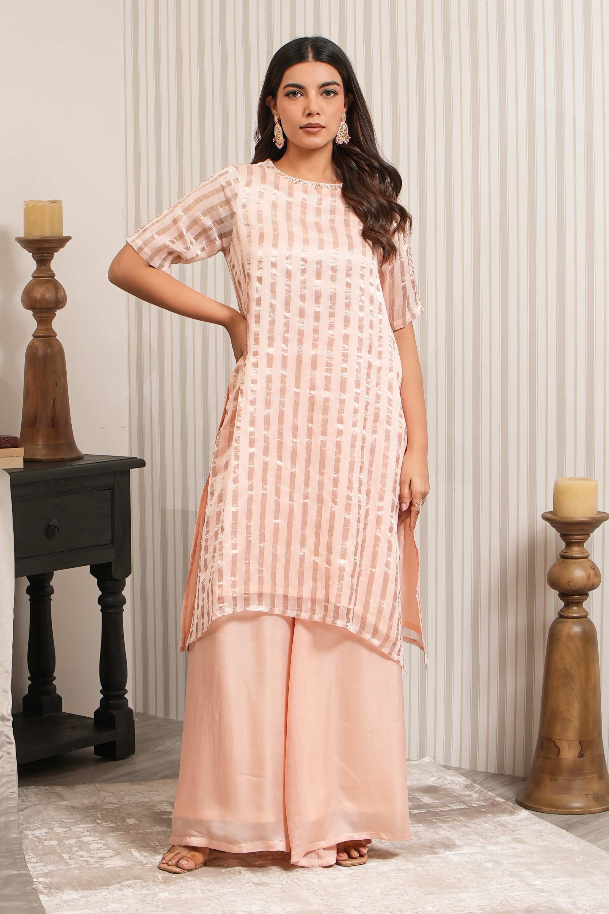 Embroidered Chanderi Silk Sharara Set - Peach
