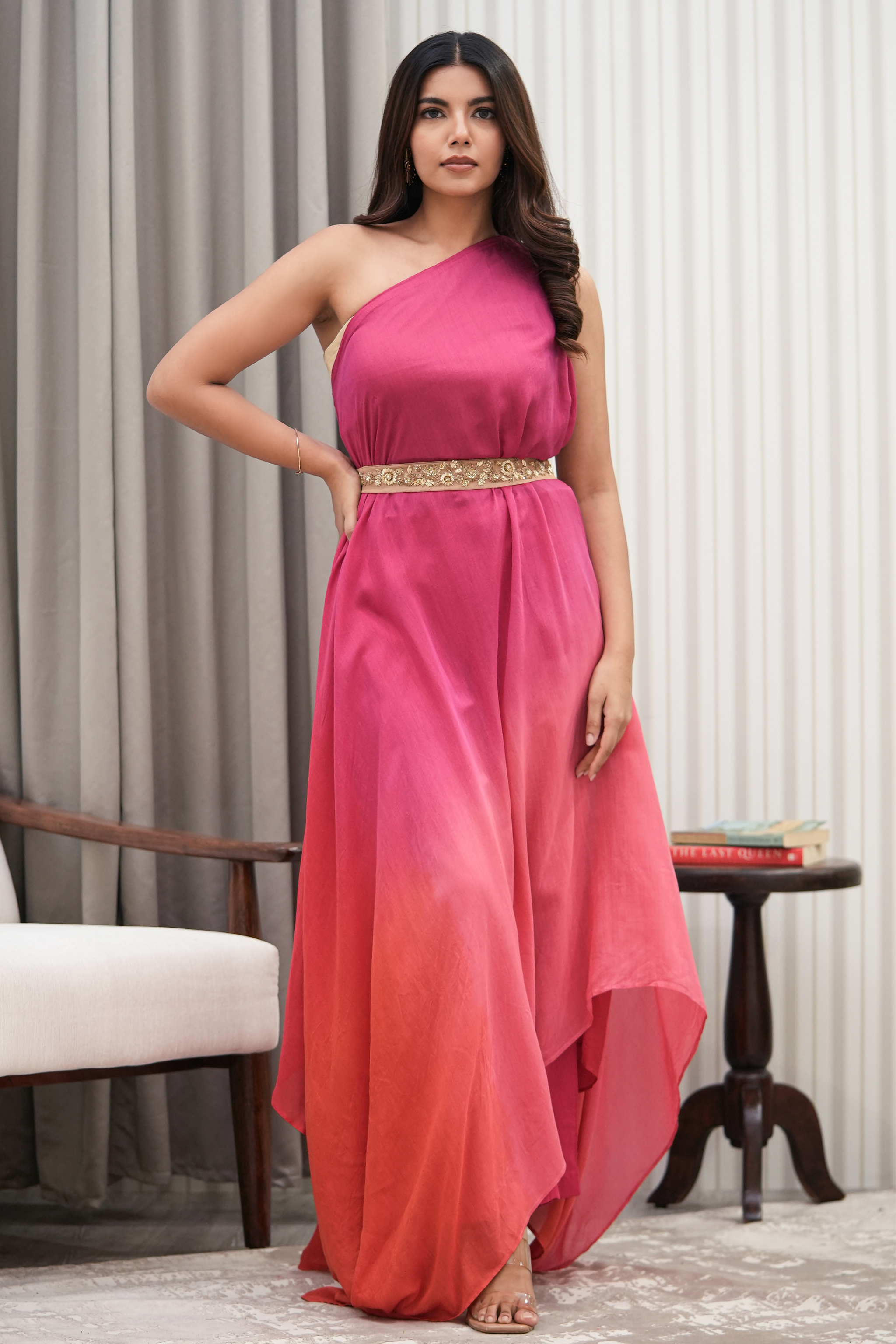 Solid Maslin Asymmetric Kurta Set - Pink