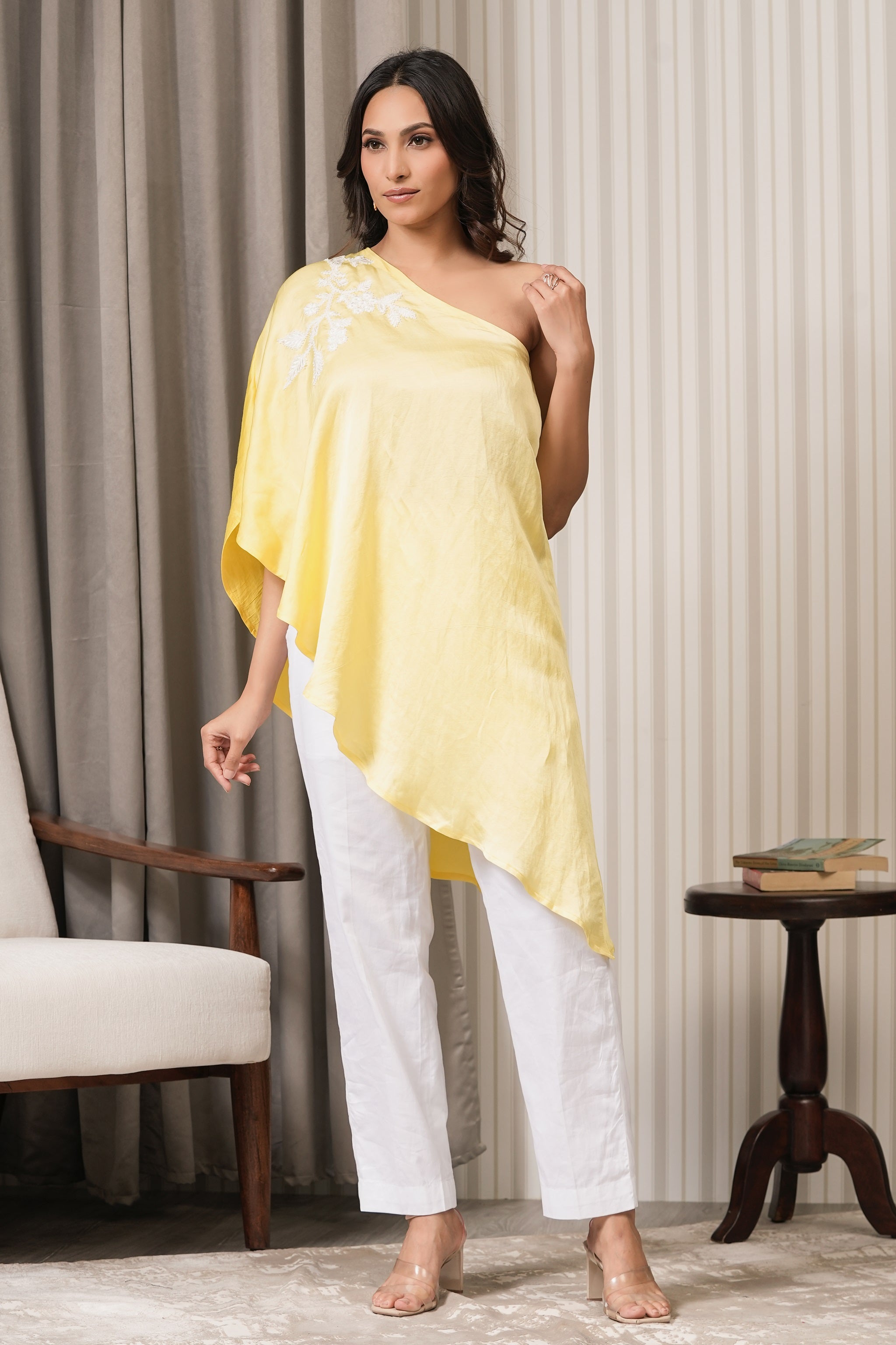 Embroidered Linen Satin One Shoulder Top - Yellow