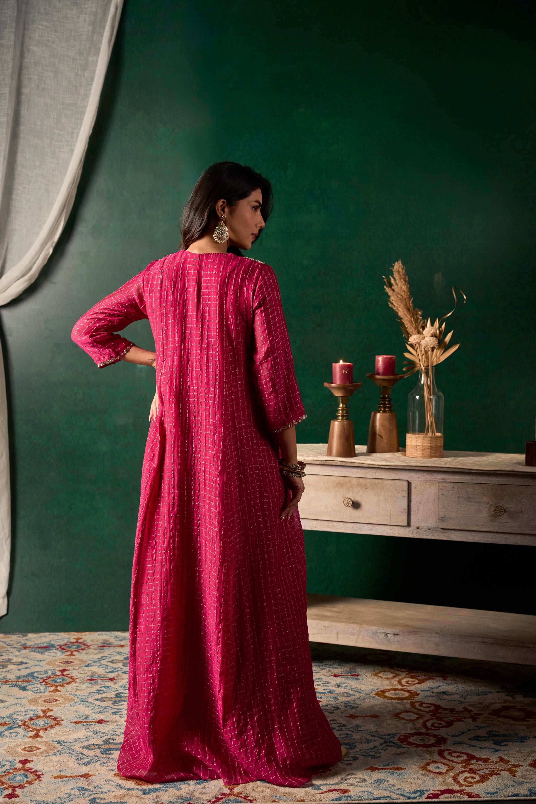 Embroidered Checkered Print Dress