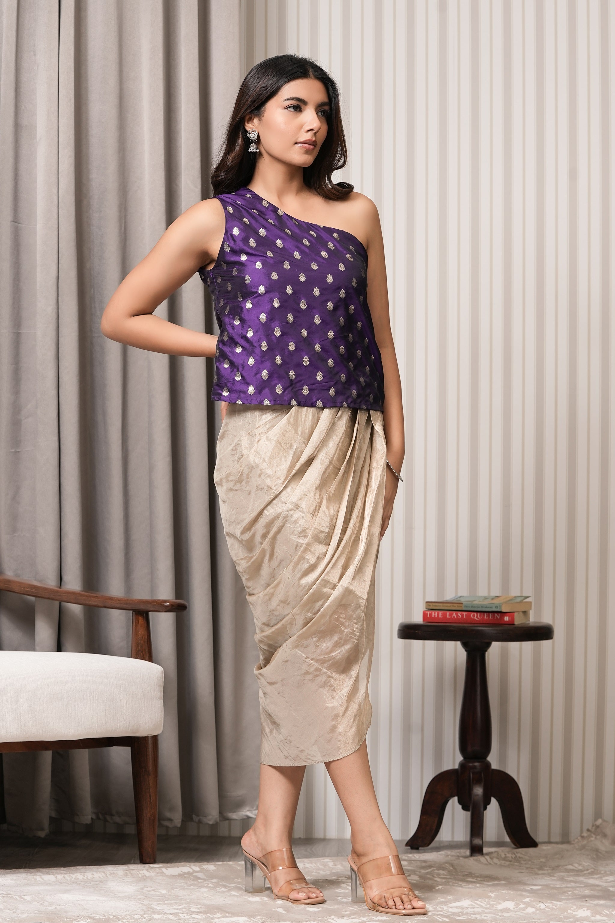One Shoulder Pure Brocade Top and Drapping skirt Set - Purple