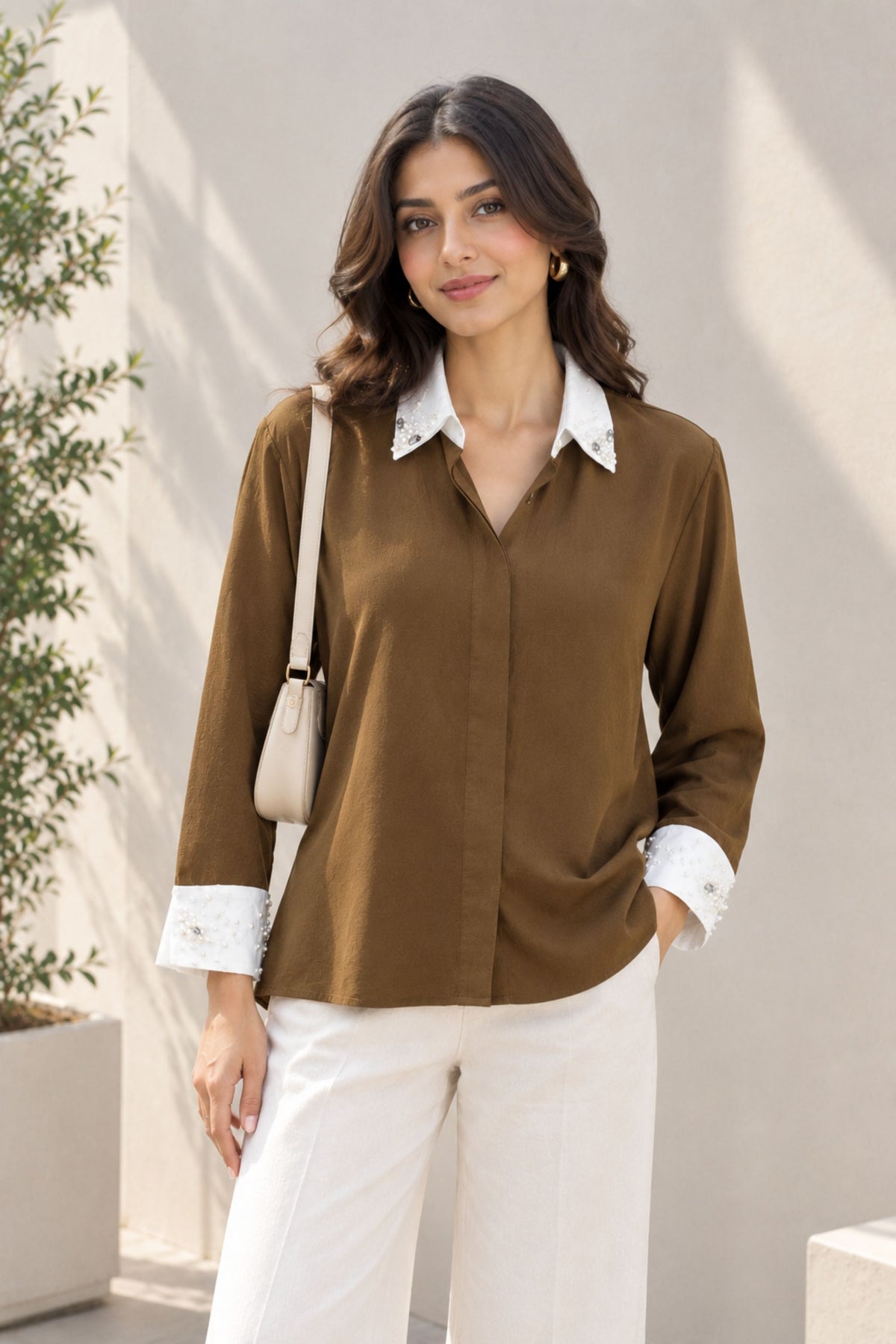 Mocha Pearl-Cuff Shirt