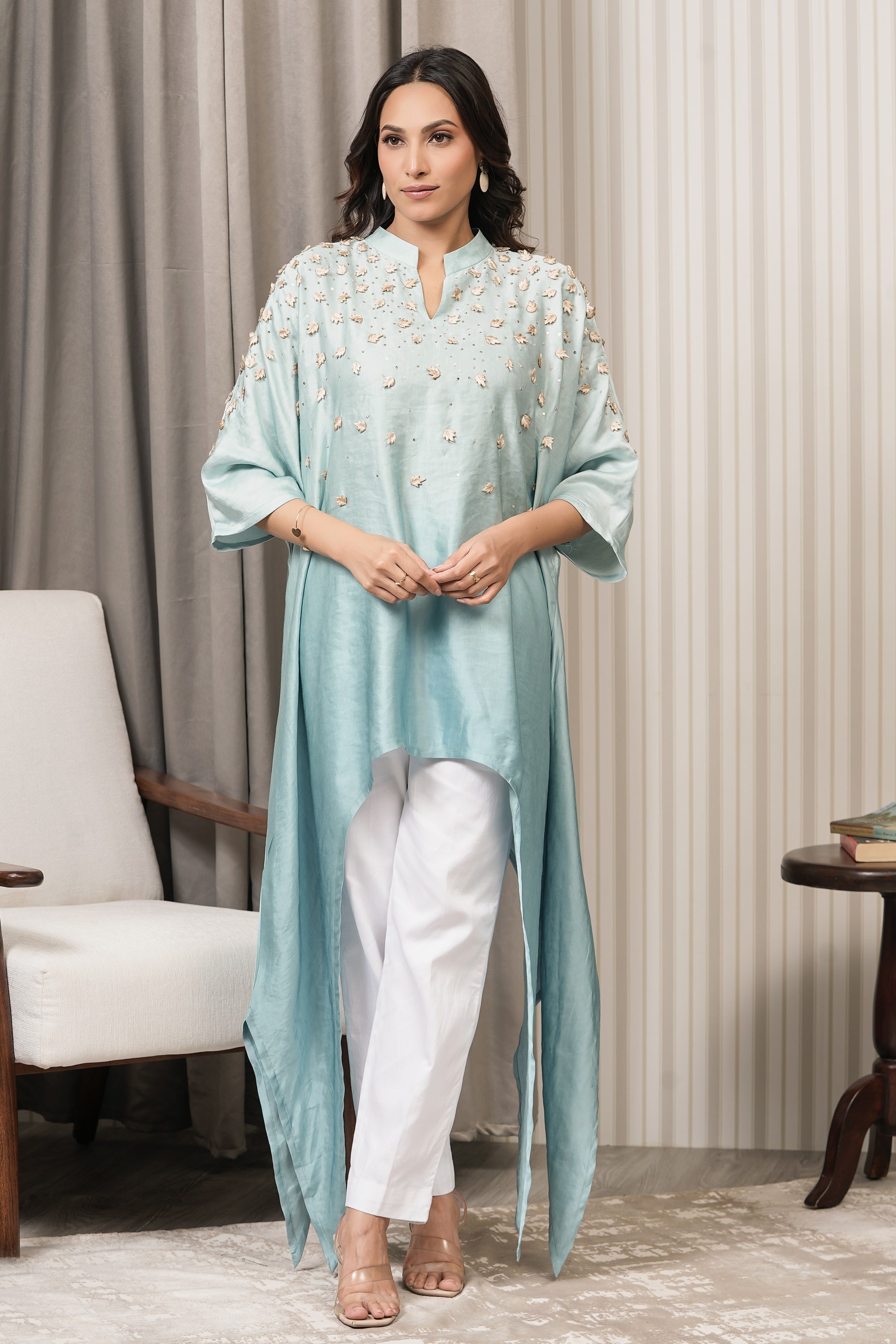 Embroidered Linen Satin Top - Aqua
