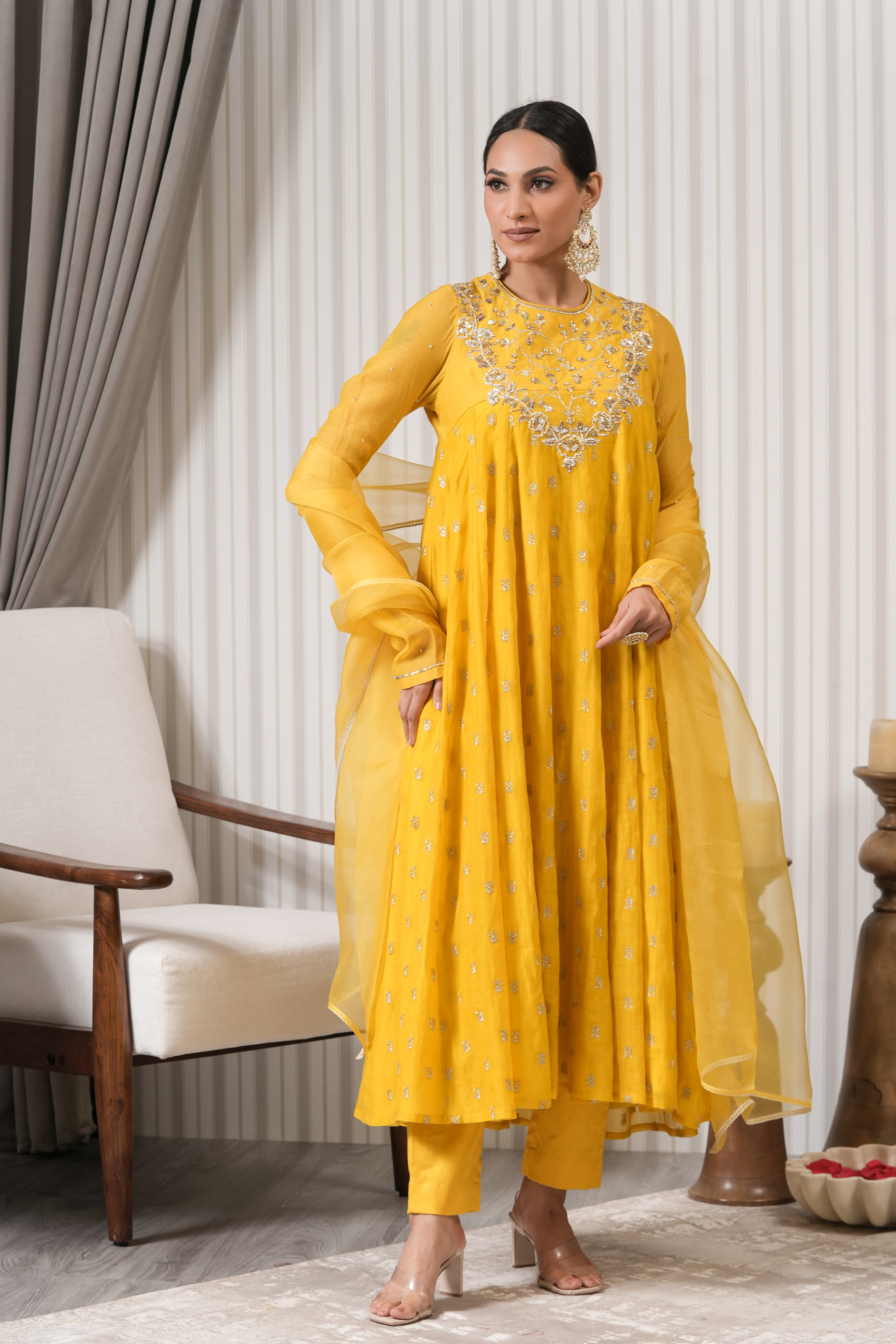 Handcrafted Pure Chanderi Anarkali Suit Set - Yellow