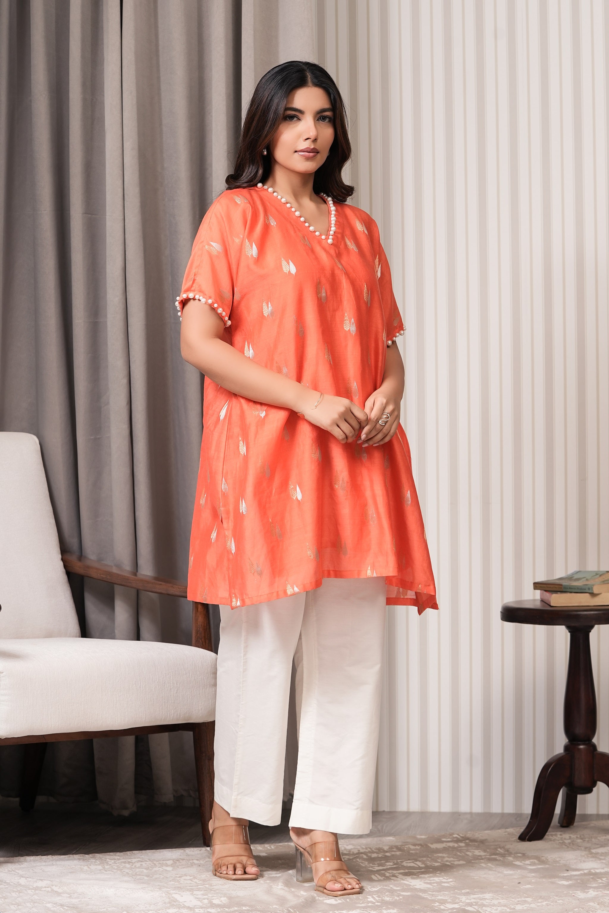 Pearl Embroidered Pure Chanderi Kurta Set - Orange
