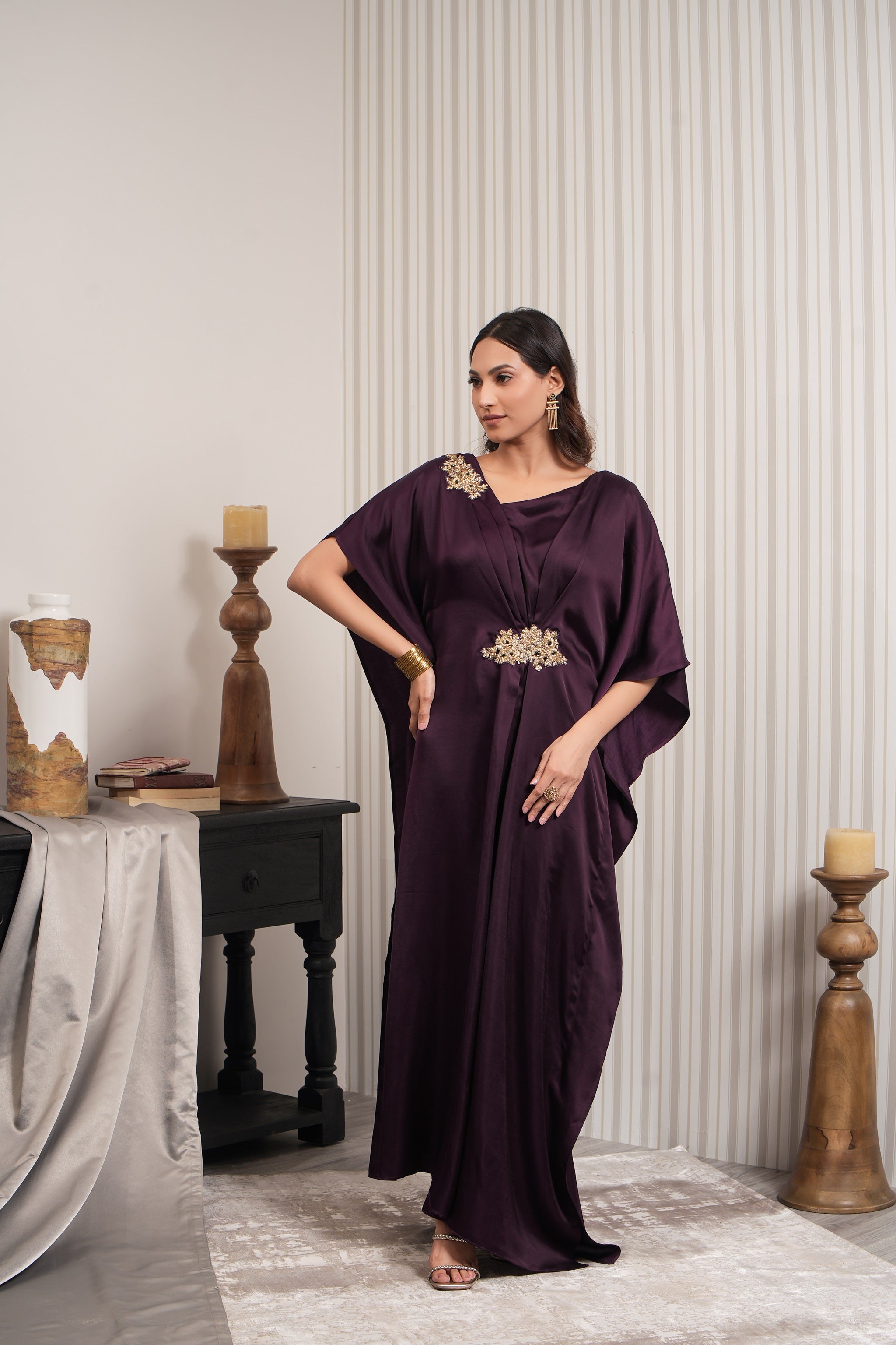 Embroidered Slub Satin Kaftan - Wine
