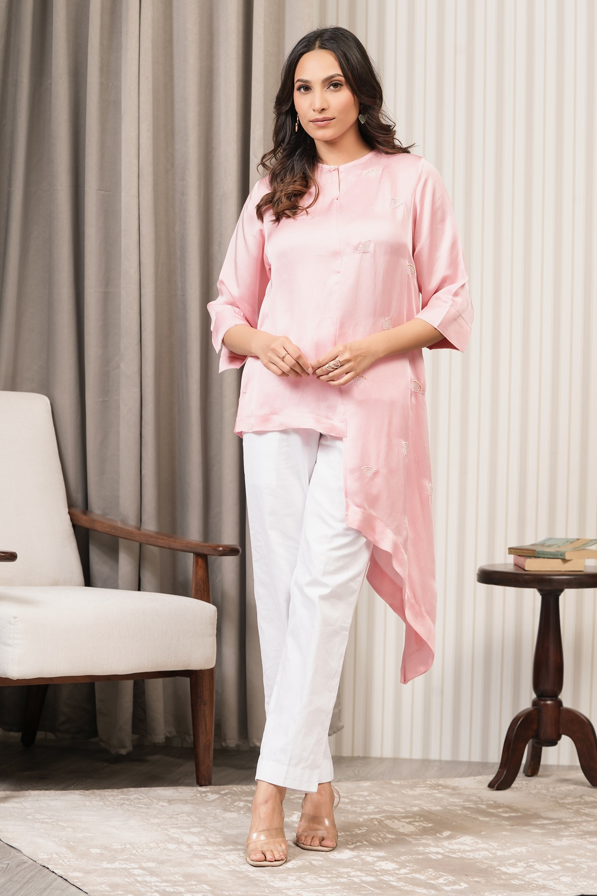 Embroidered Linen Satin Shirt Top - Pink
