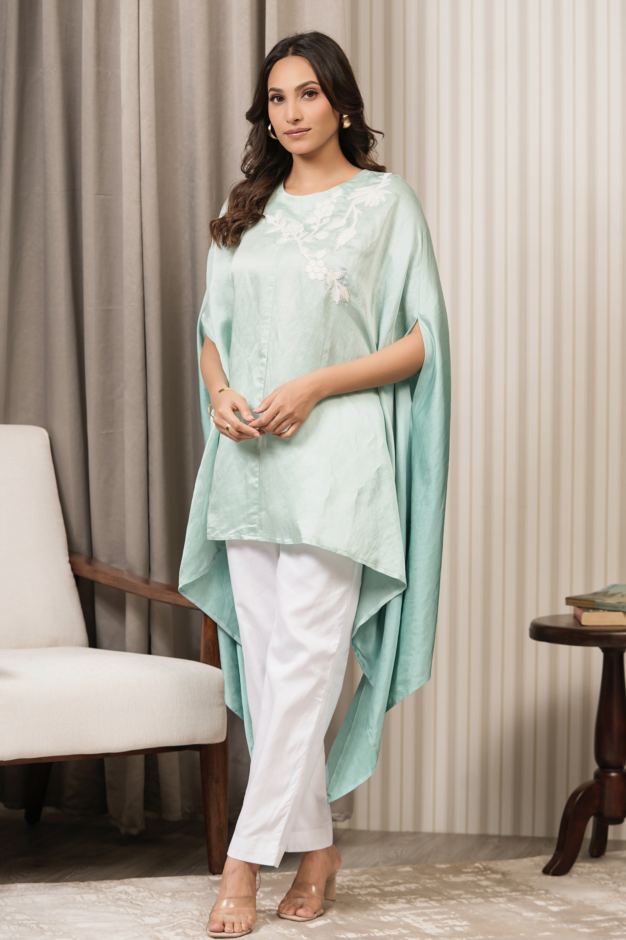 Embroidered Linen Satin Top - Sea Green
