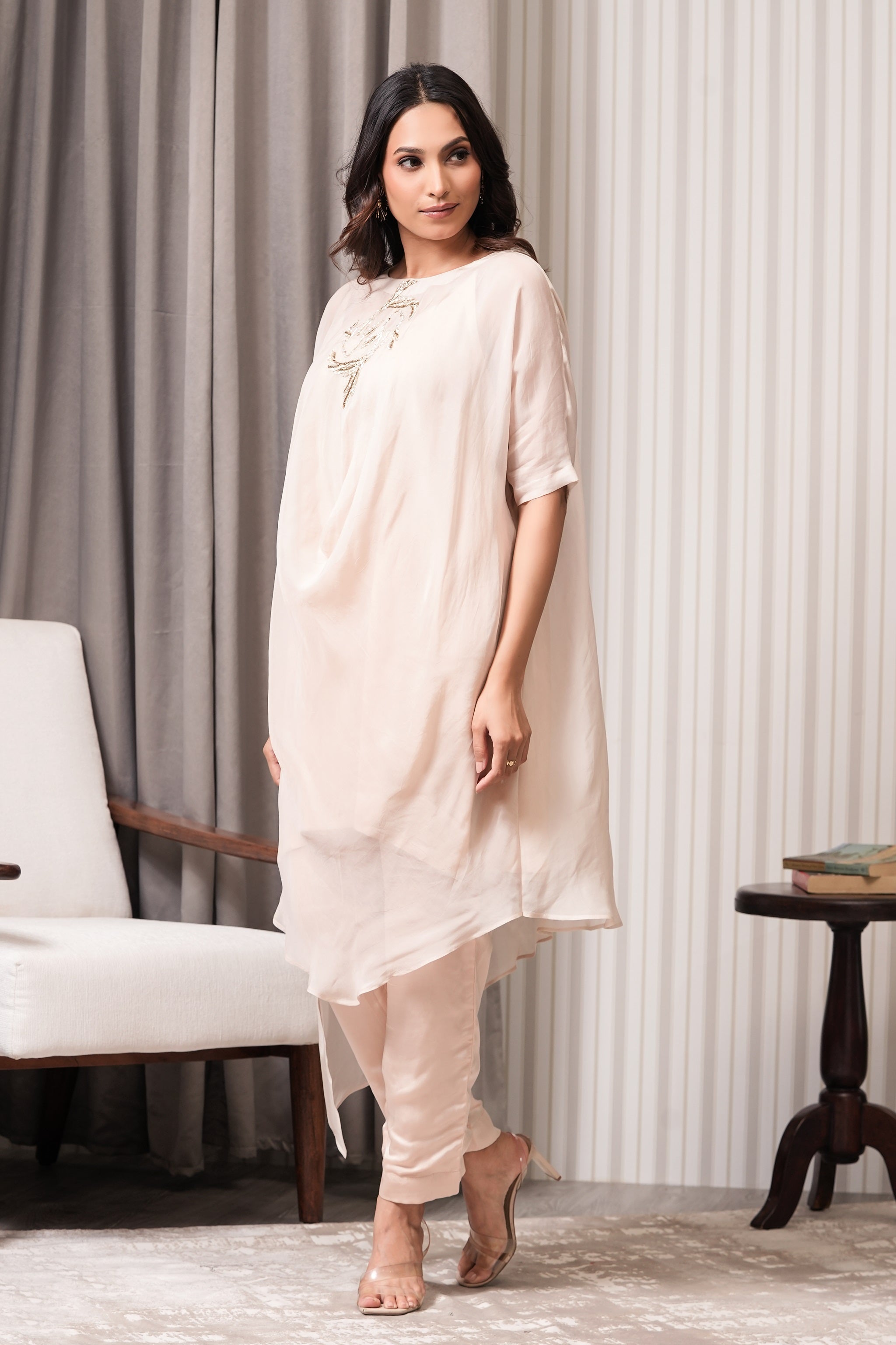 Handcrafted Viscose Organza Kurta - Nude