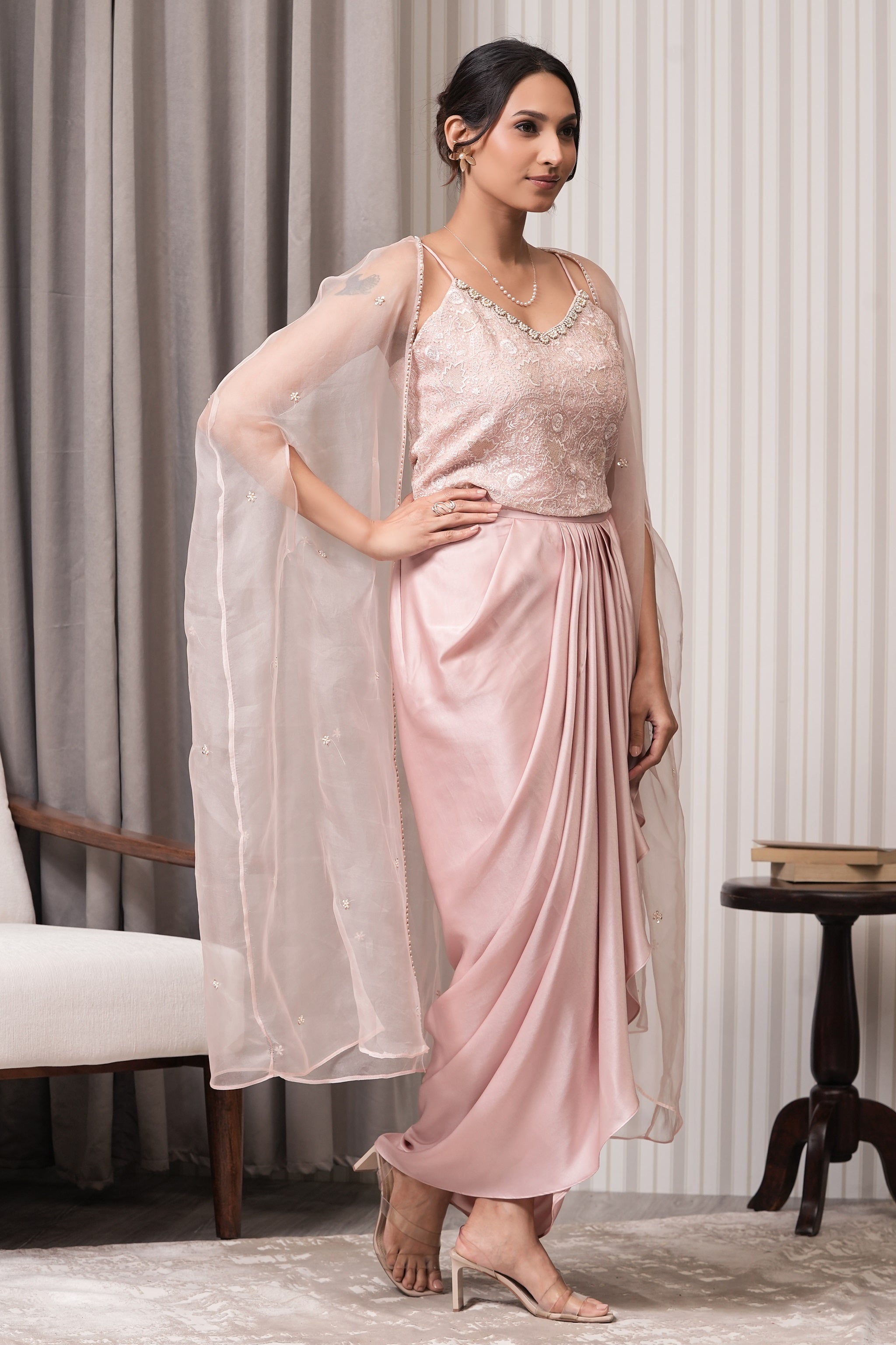 Embroidered Pure Tissue Drape Skirt Co-ord Set - Peach