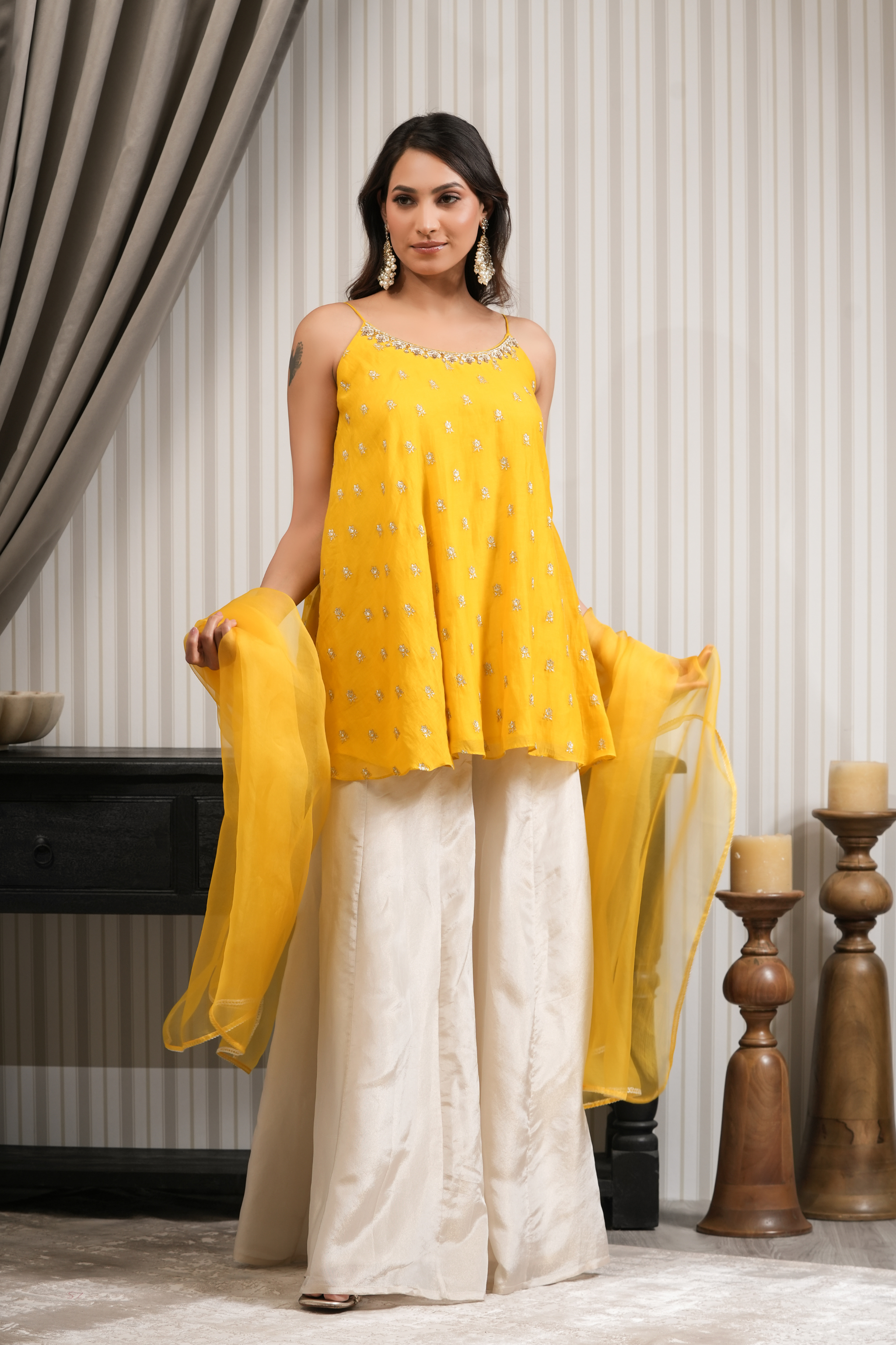 Pure Chanderi Short Kurti Sharara Set - Yellow
