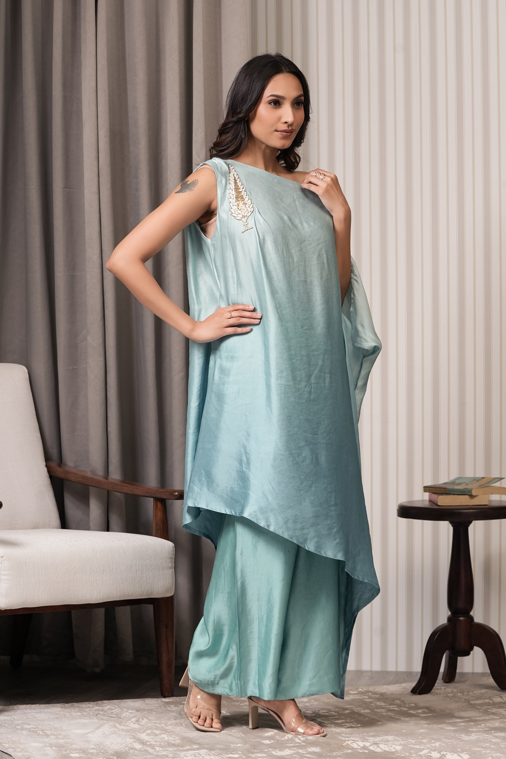 One Shoulder Asymmetric Kurta Set - Aqua