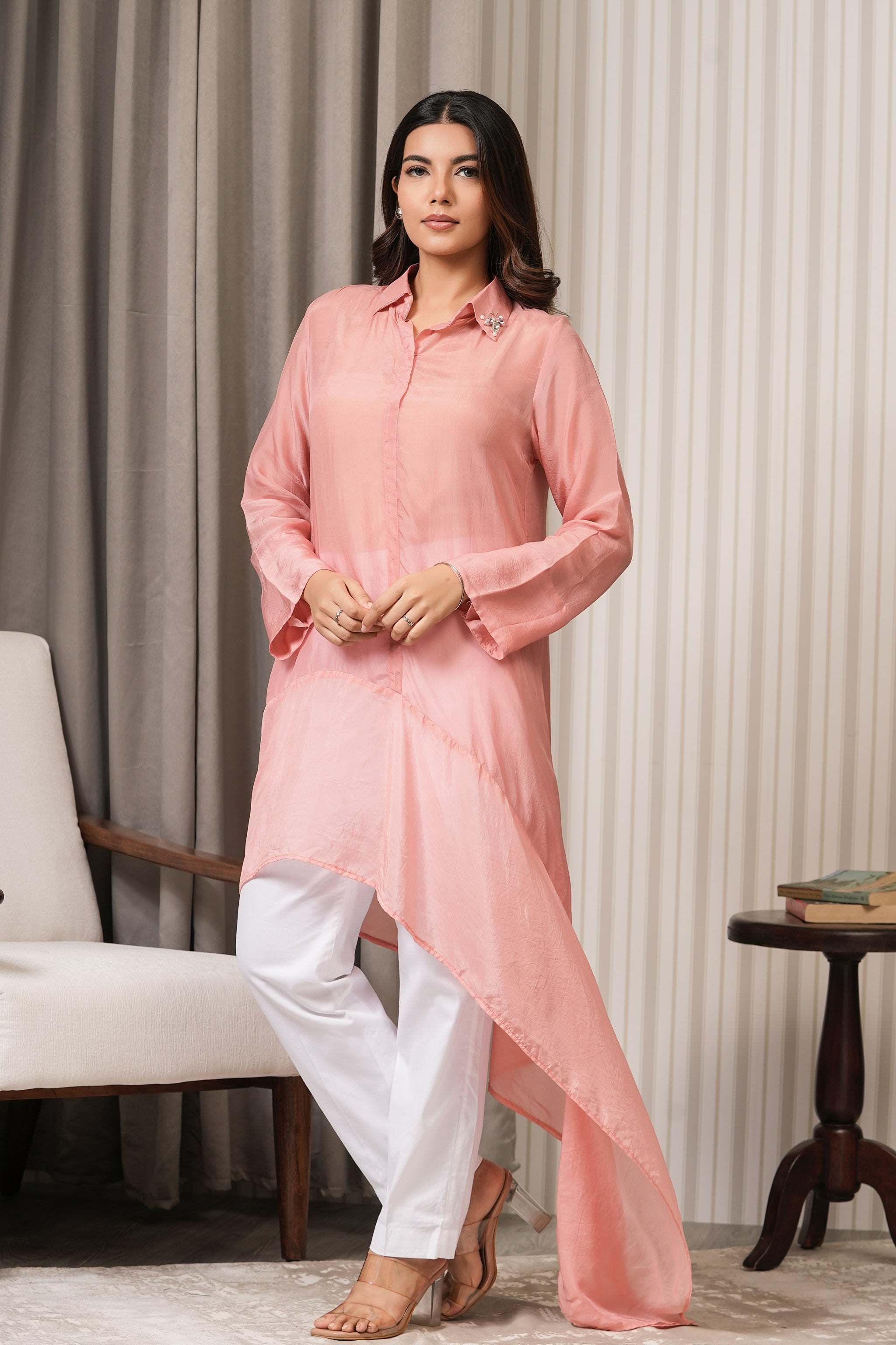 Embroidered Fine Habutai Silk Shirt Top - Onion Pink