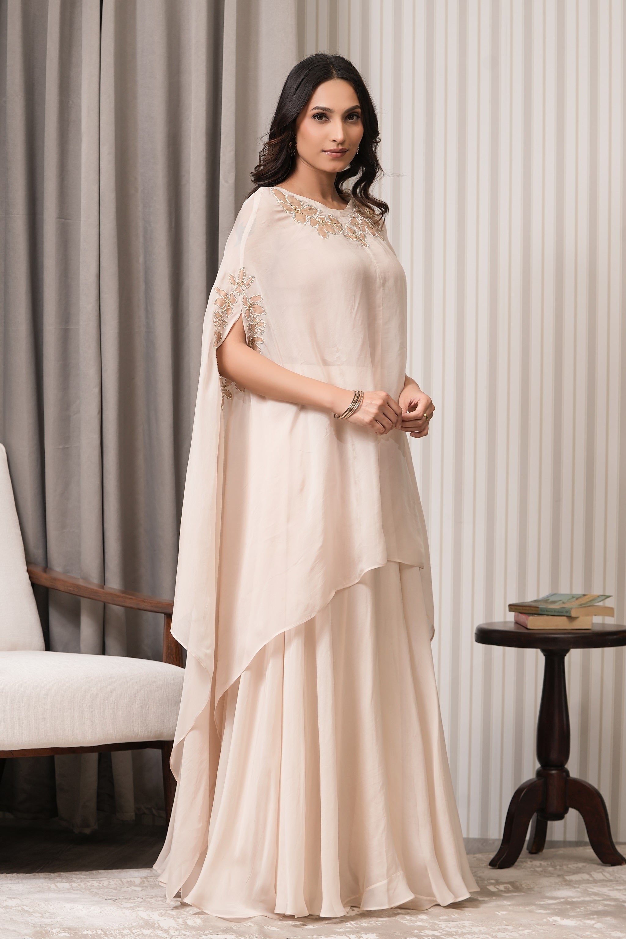 Embroidered Viscose Organza Lehenga Co-ord Set - Beige