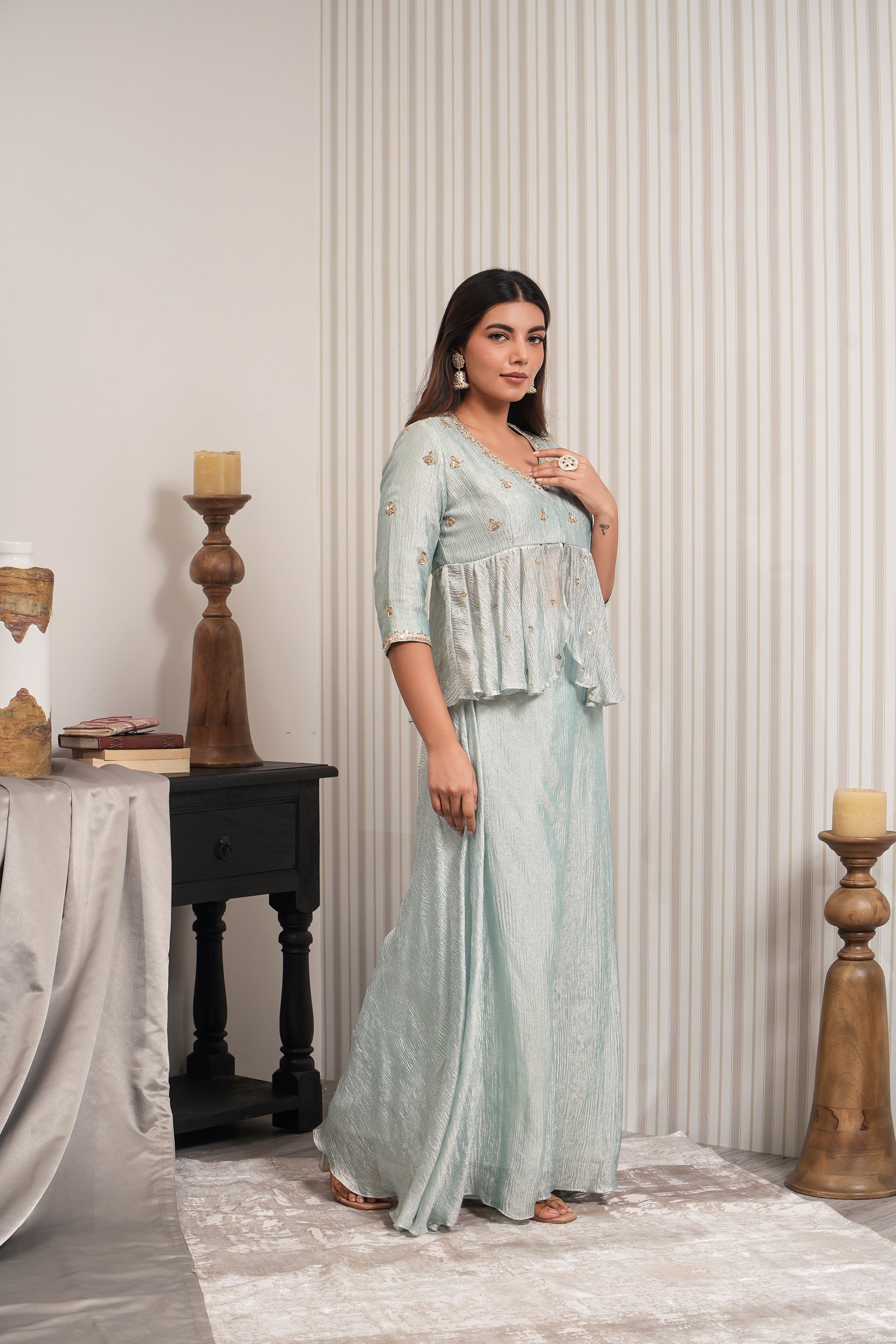 Handcrafted Pure Crushed Tissue Short Kurta Sharara Set - Mint