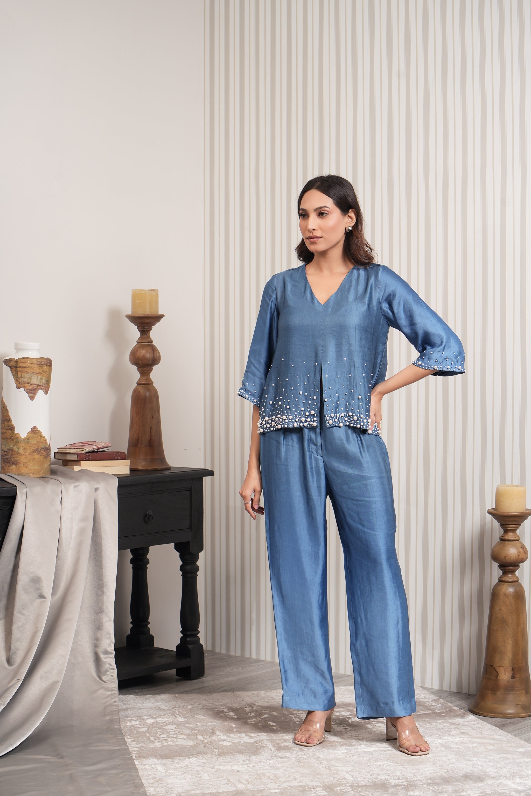 Embroidered Pearl Linen Satin Co-ord Set - Blue