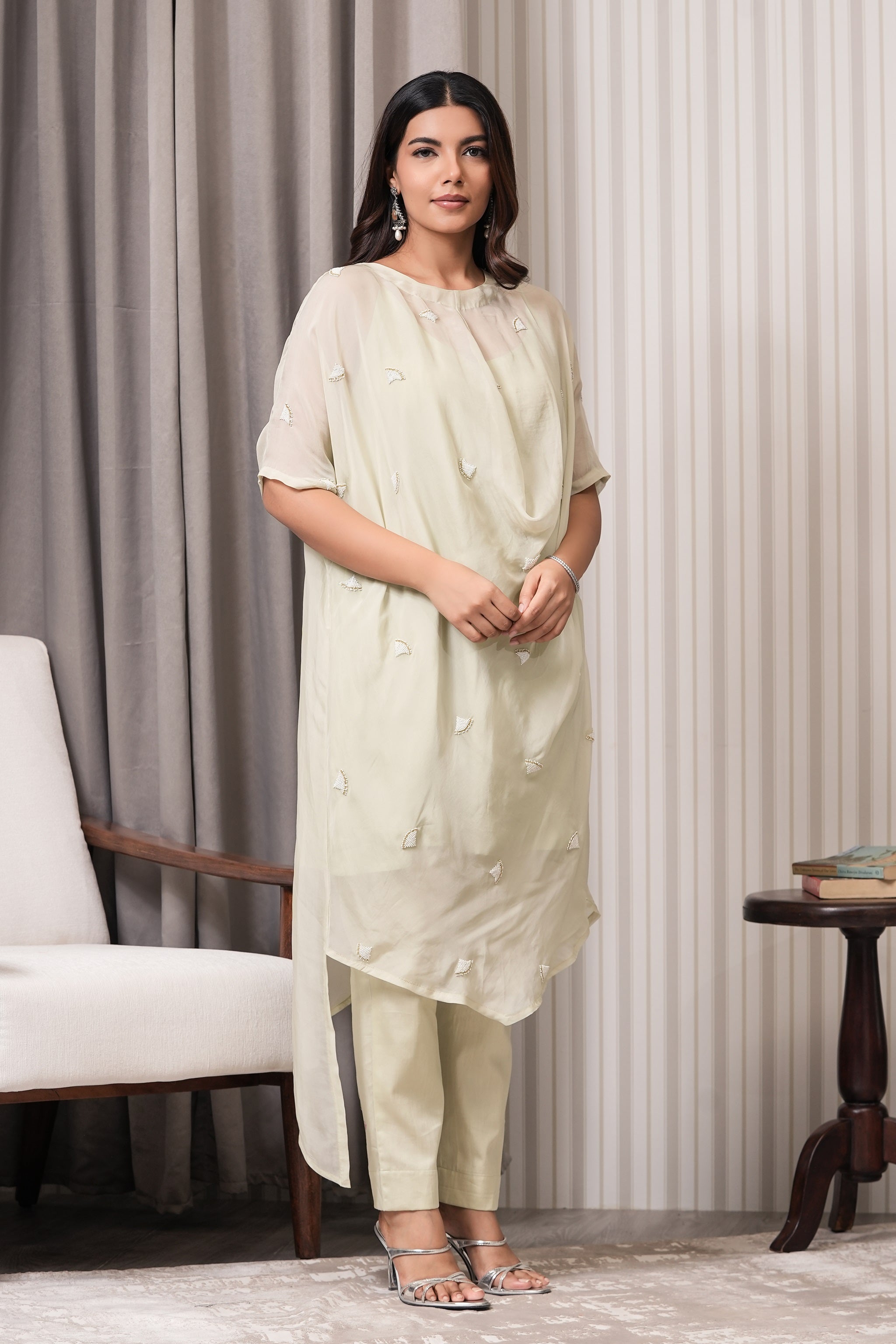 Embroidered Viscose Organza Kurta - Sea Green